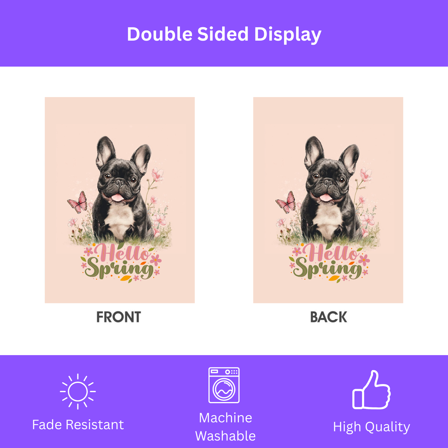 Hello Spring French Bulldog Garden Flag - size comparison - Dragonfire Gardens