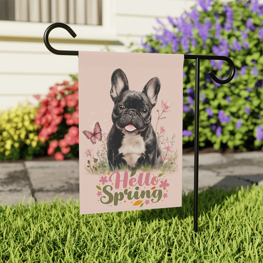 Hello Spring French Bulldog Garden Flag - close-up detail - Dragonfire Gardens