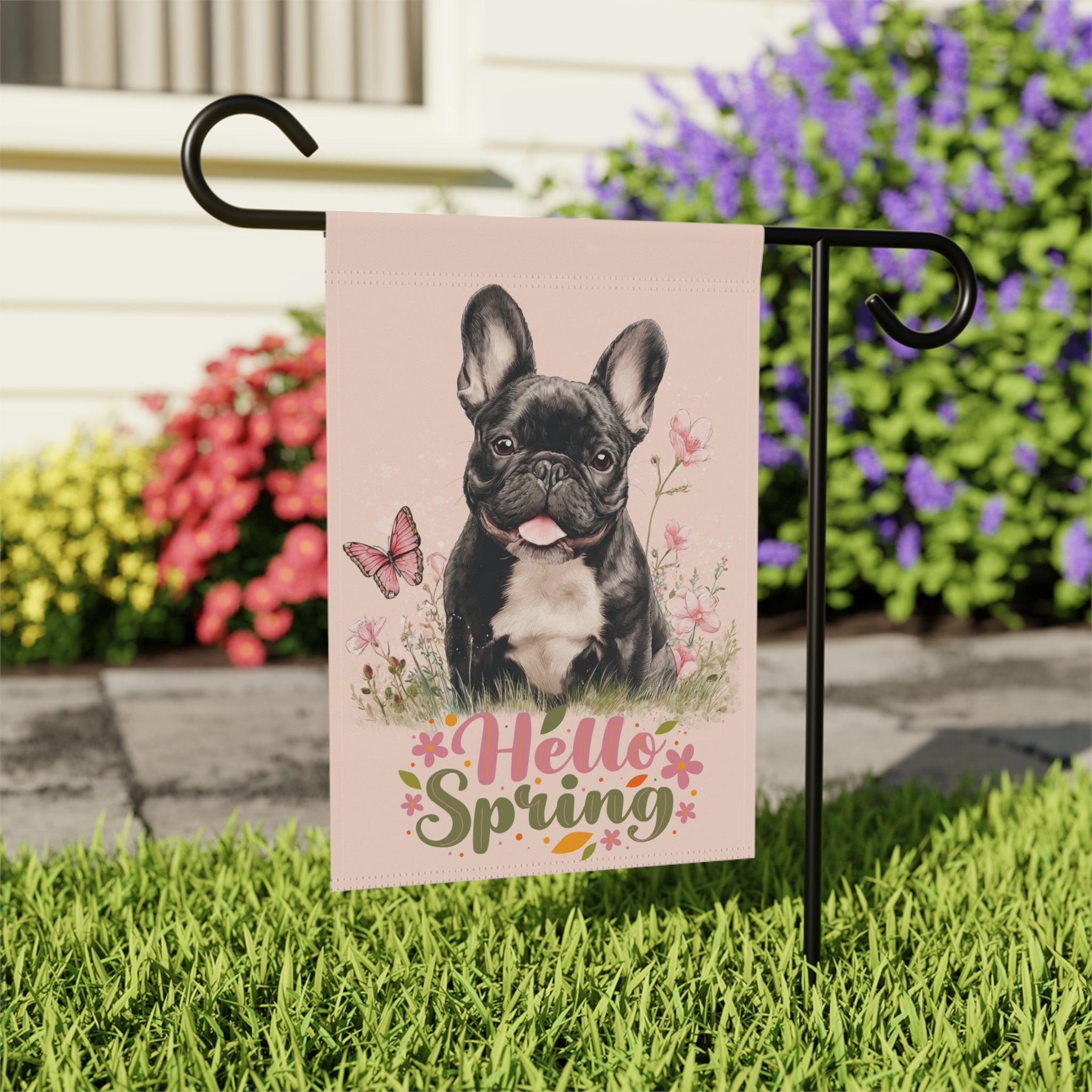 Hello Spring French Bulldog Garden Flag - close-up detail - Dragonfire Gardens
