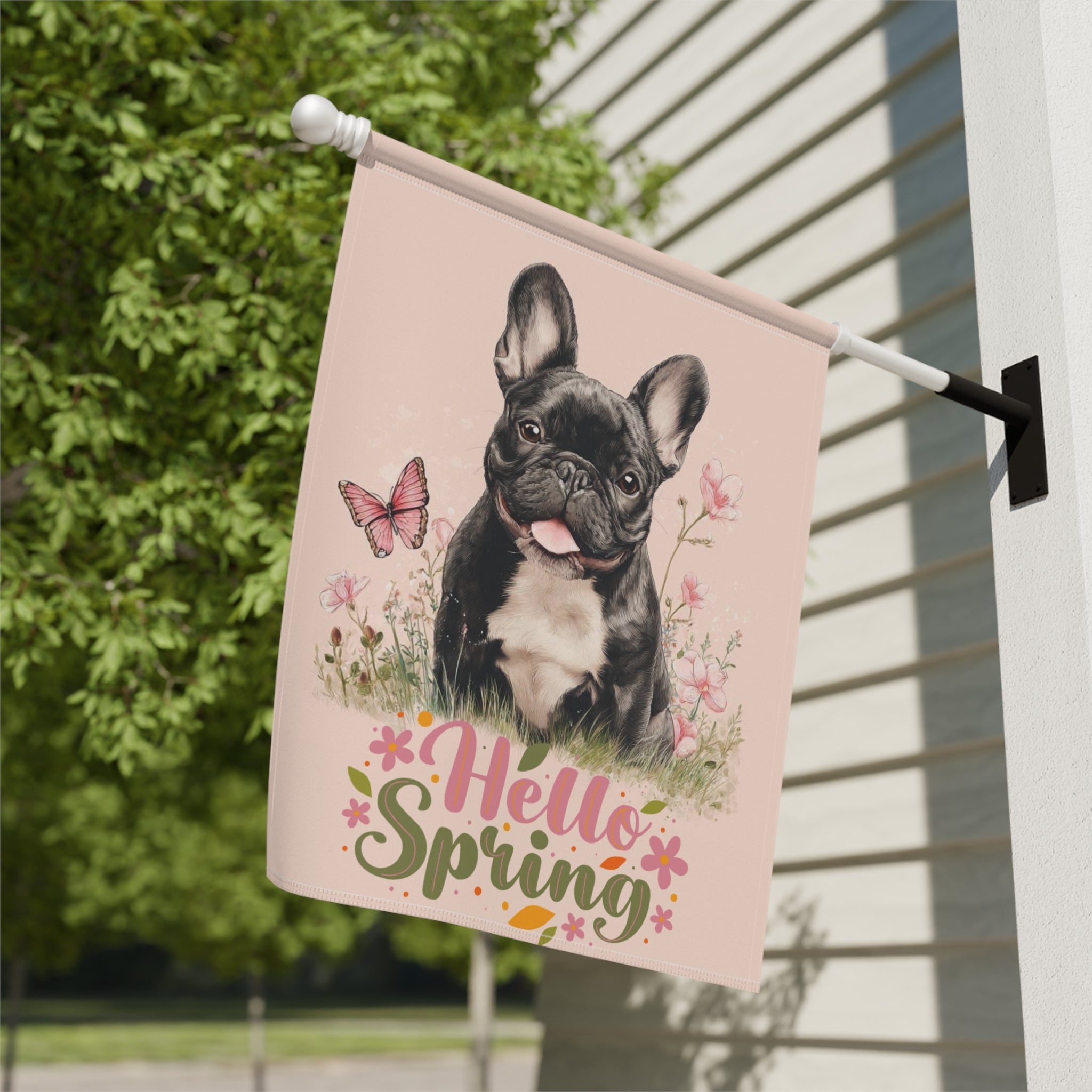 Hello Spring French Bulldog Garden Flag - yard display - Dragonfire Gardens