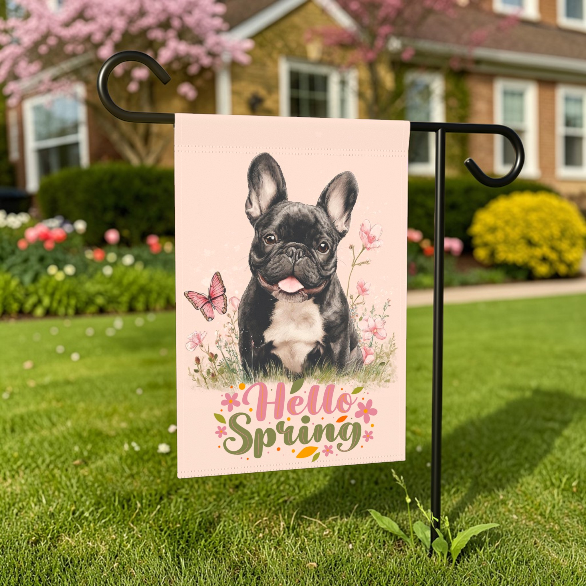 Hello Spring French Bulldog Garden Flag - front view - Dragonfire Gardens