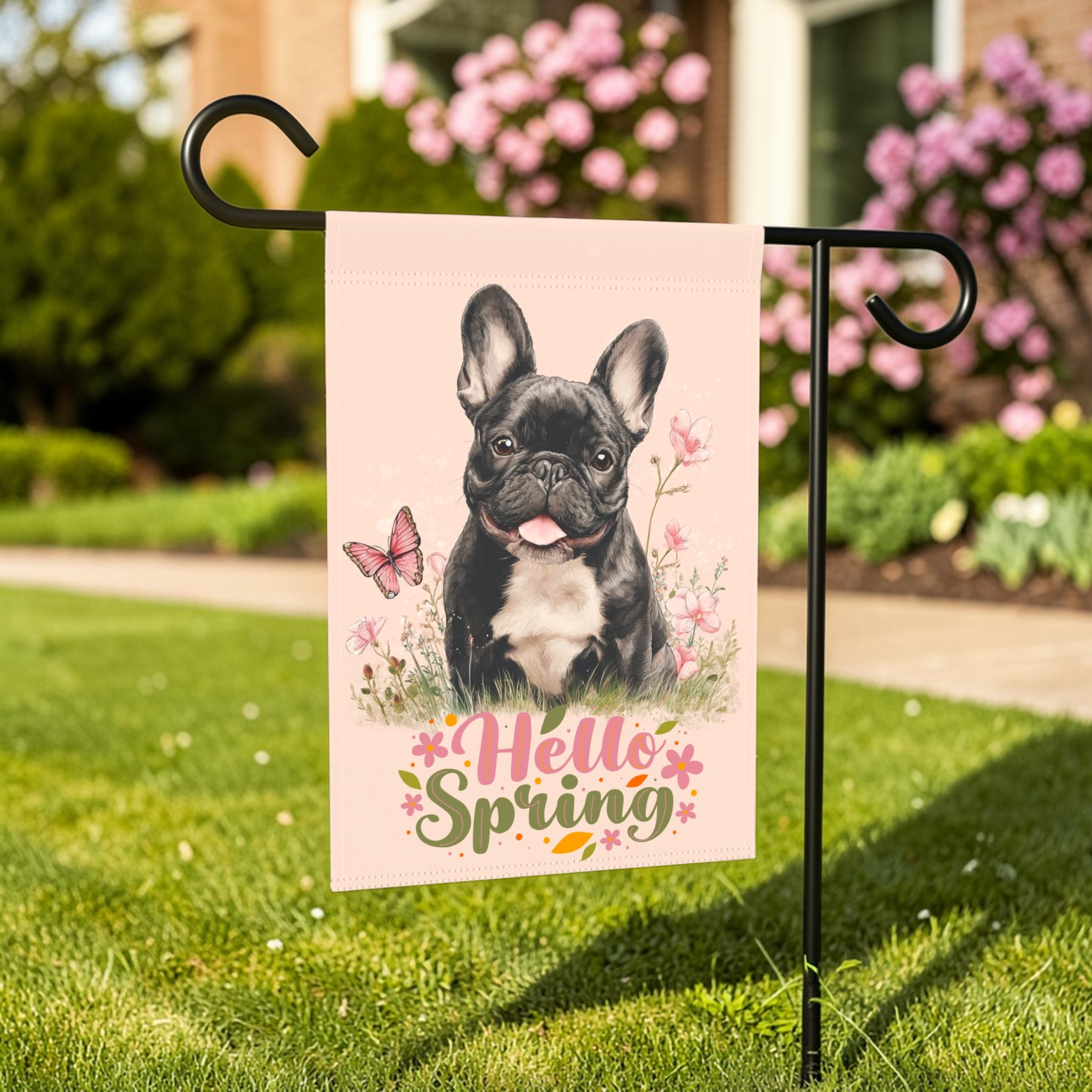 Hello Spring French Bulldog Garden Flag - outdoor display - Dragonfire Gardens