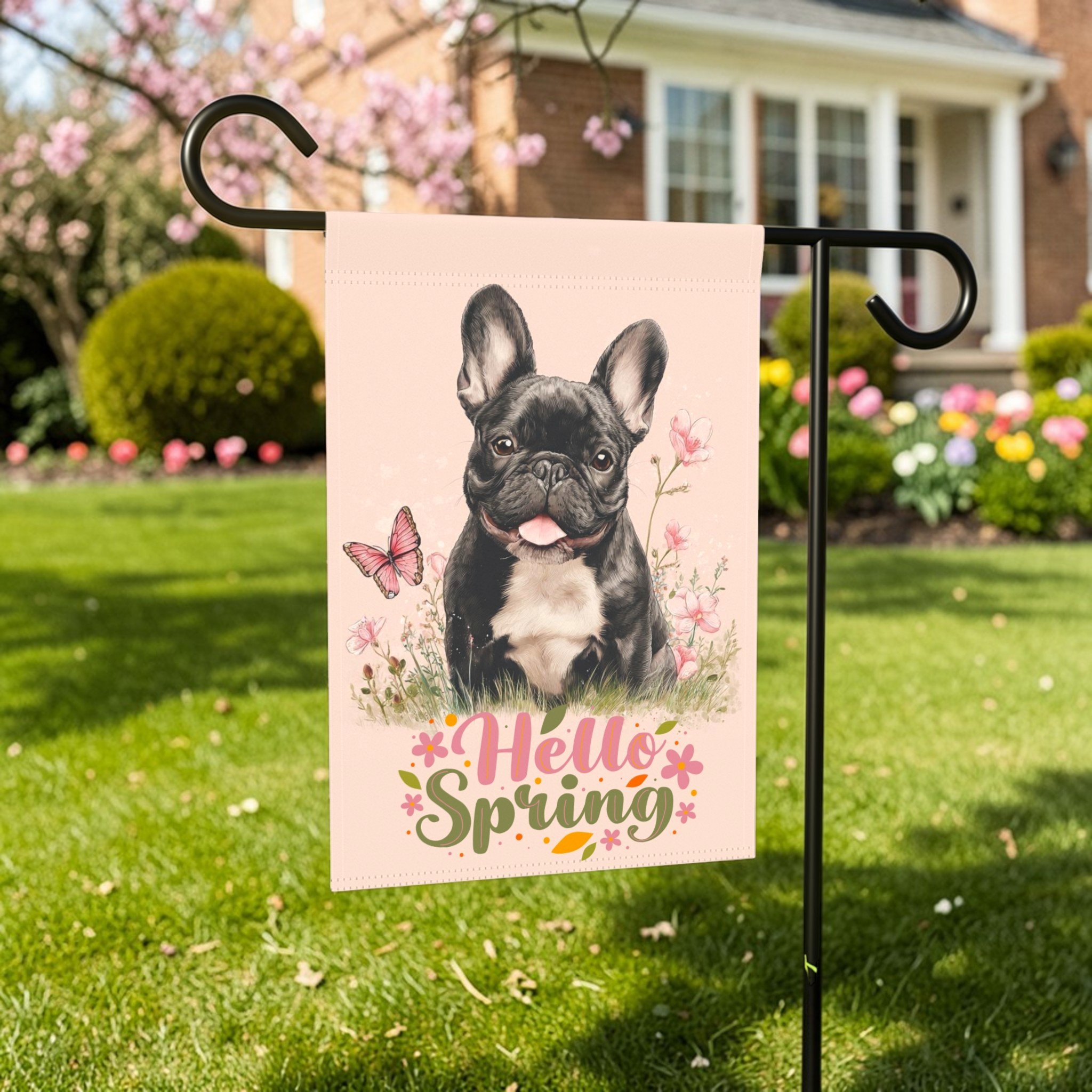 Hello Spring French Bulldog Garden Flag - porch decor - Dragonfire Gardens