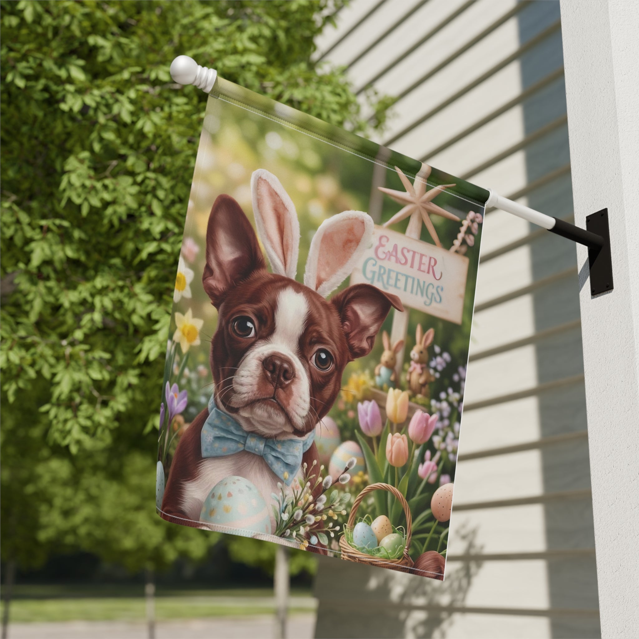 Easter Greetings Red Boston Terrier Garden Flag