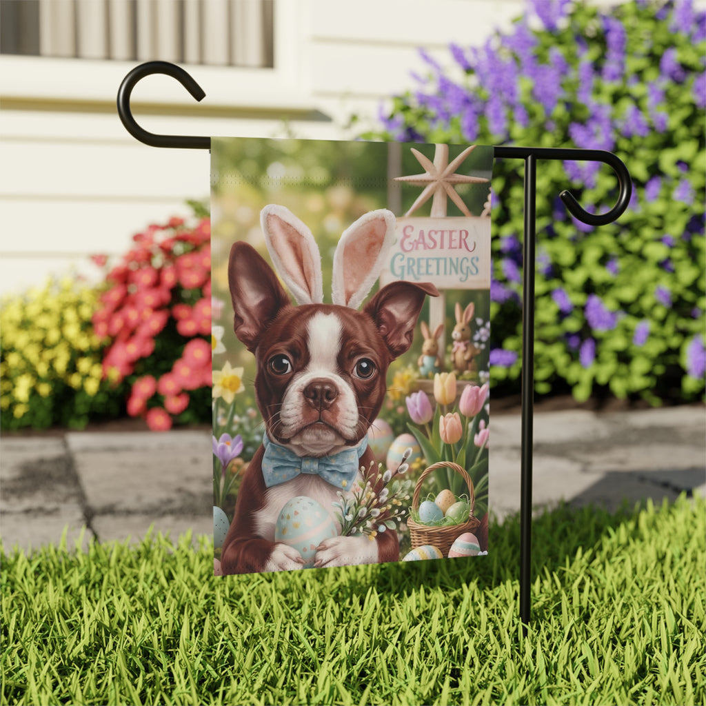 Easter Greetings Red Boston Terrier Garden Flag