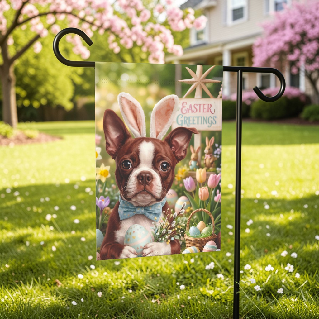 Easter Greetings Red Boston Terrier Garden Flag