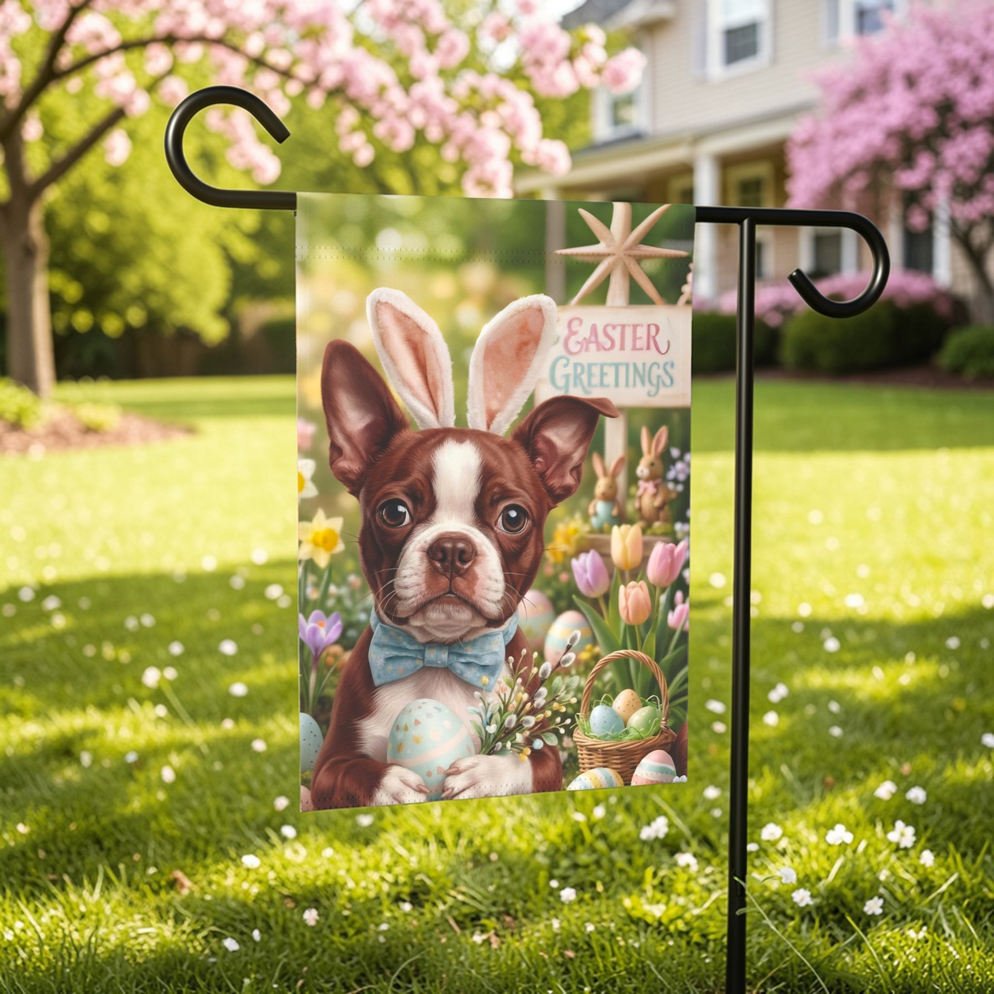Easter Greetings Red Boston Terrier Garden Flag