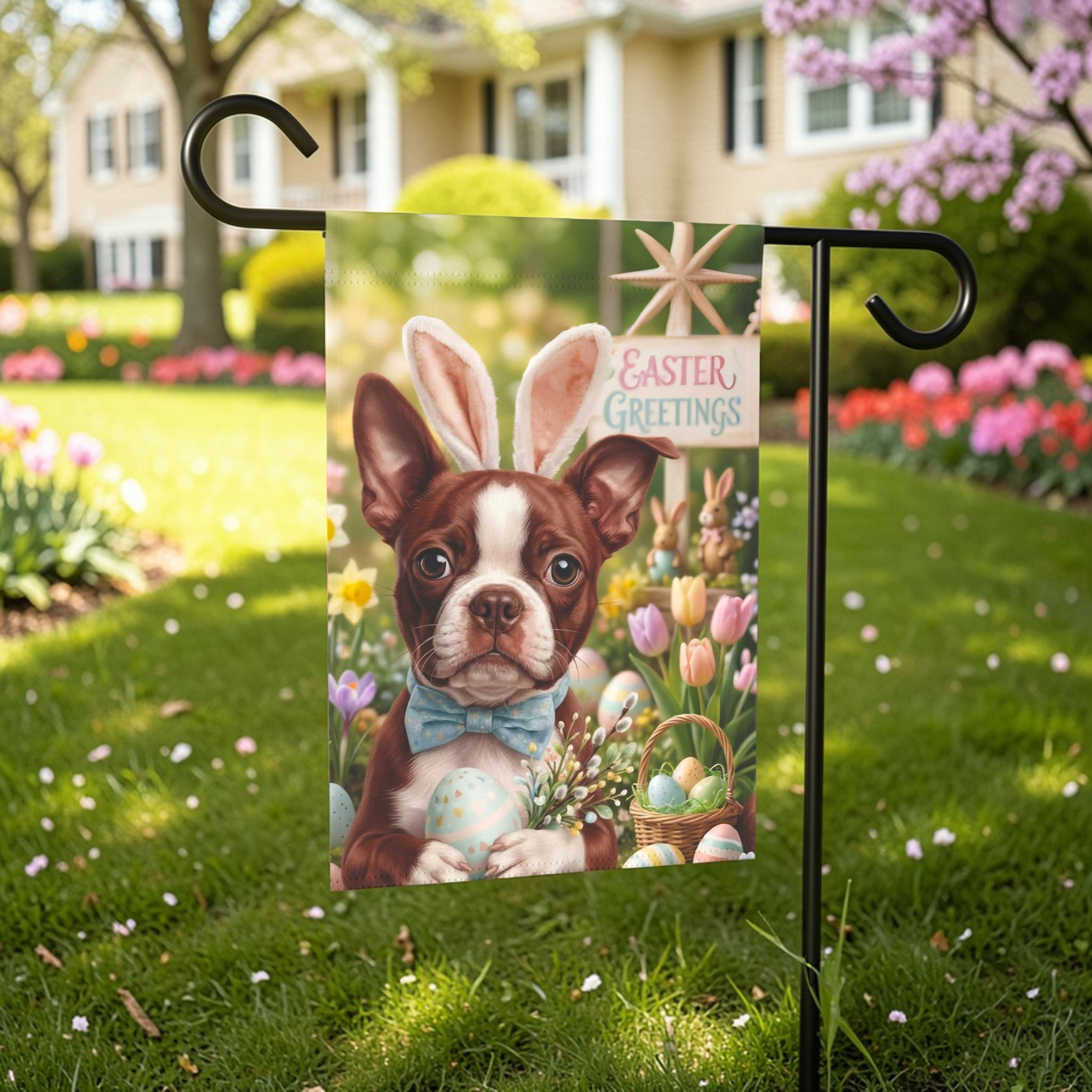 Easter Greetings Red Boston Terrier Garden Flag