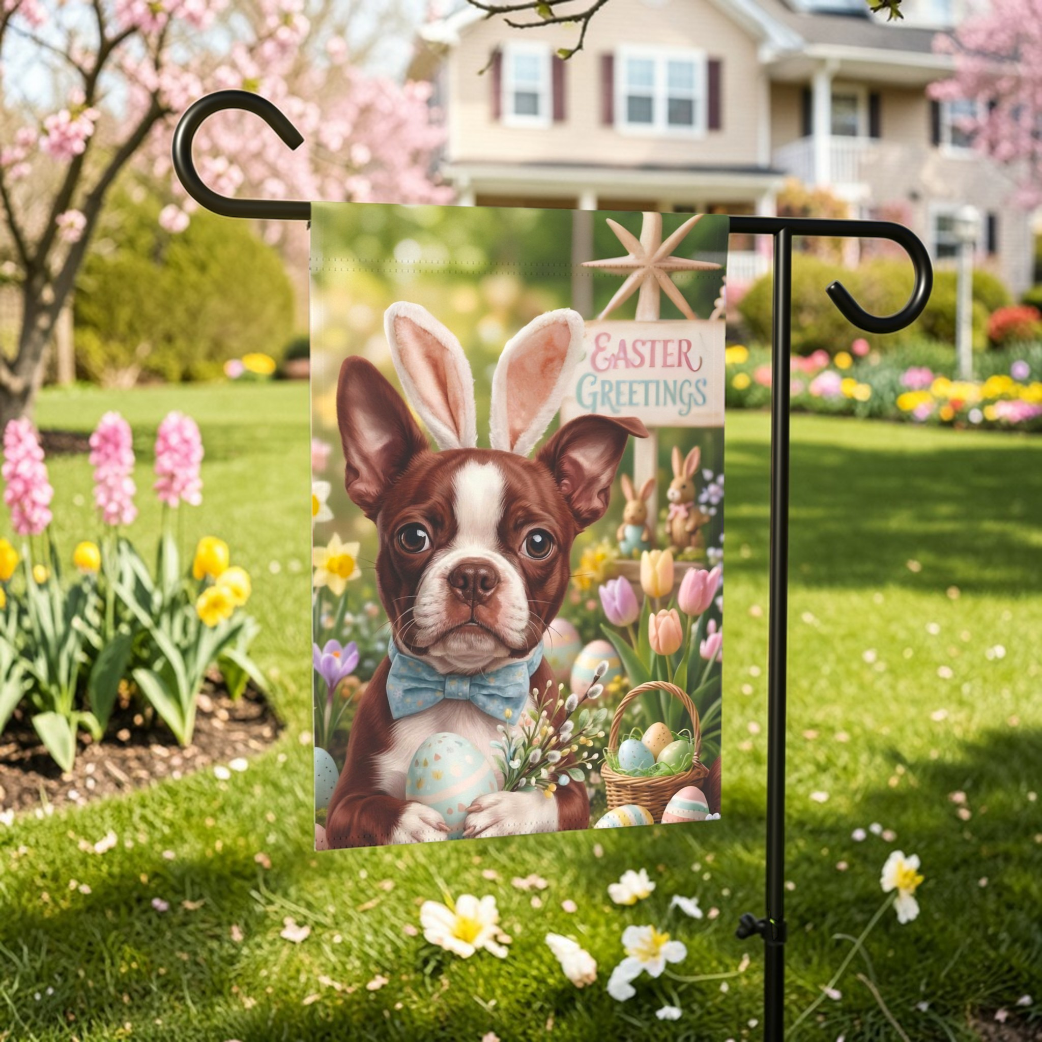 Easter Greetings Red Boston Terrier Garden Flag