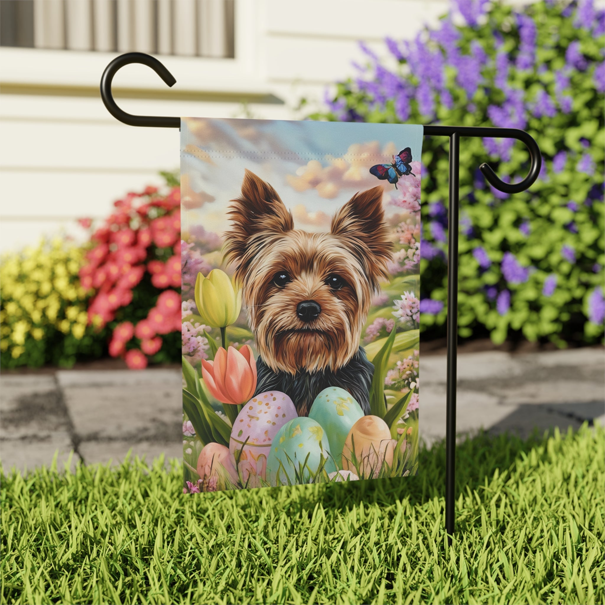 Easter Egg Yorkshire Terrier Garden Flag