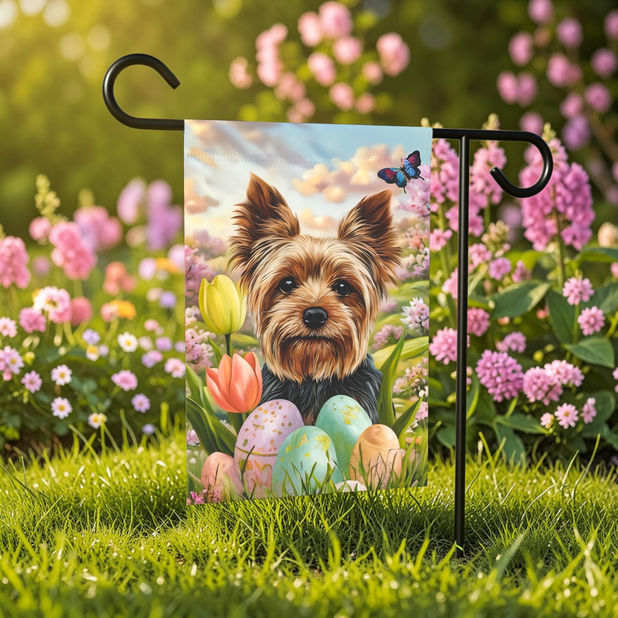 Easter Egg Yorkshire Terrier Garden Flag