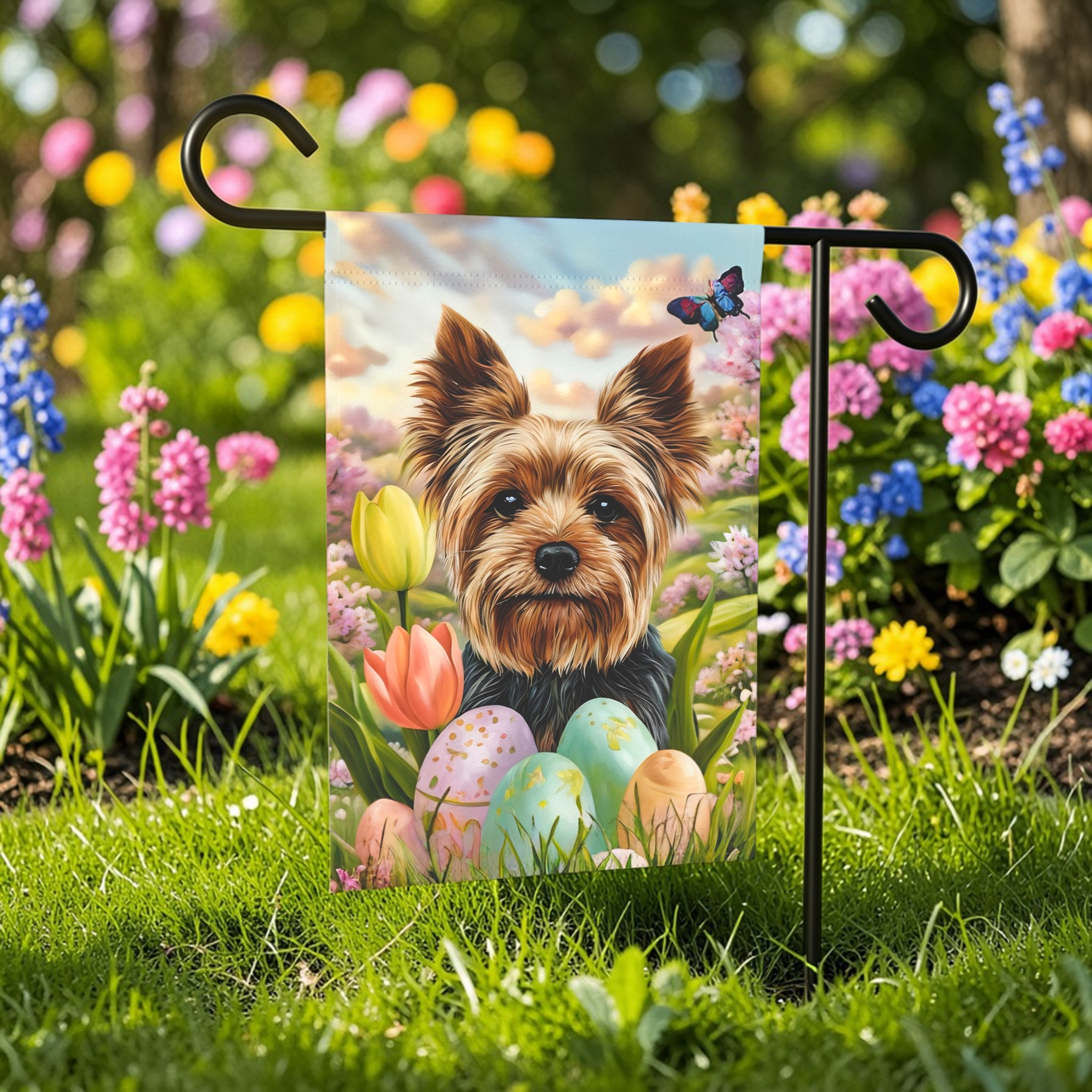 Easter Egg Yorkshire Terrier Garden Flag
