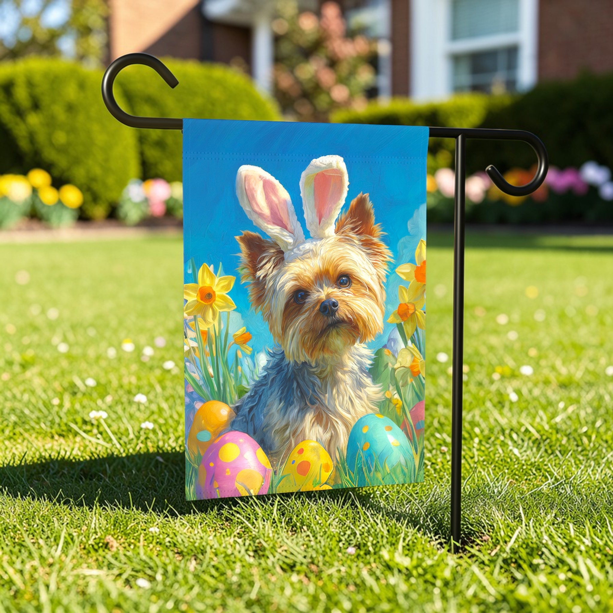 Easter Eggs and Daffodils Yorkshire Terrier Garden Flag