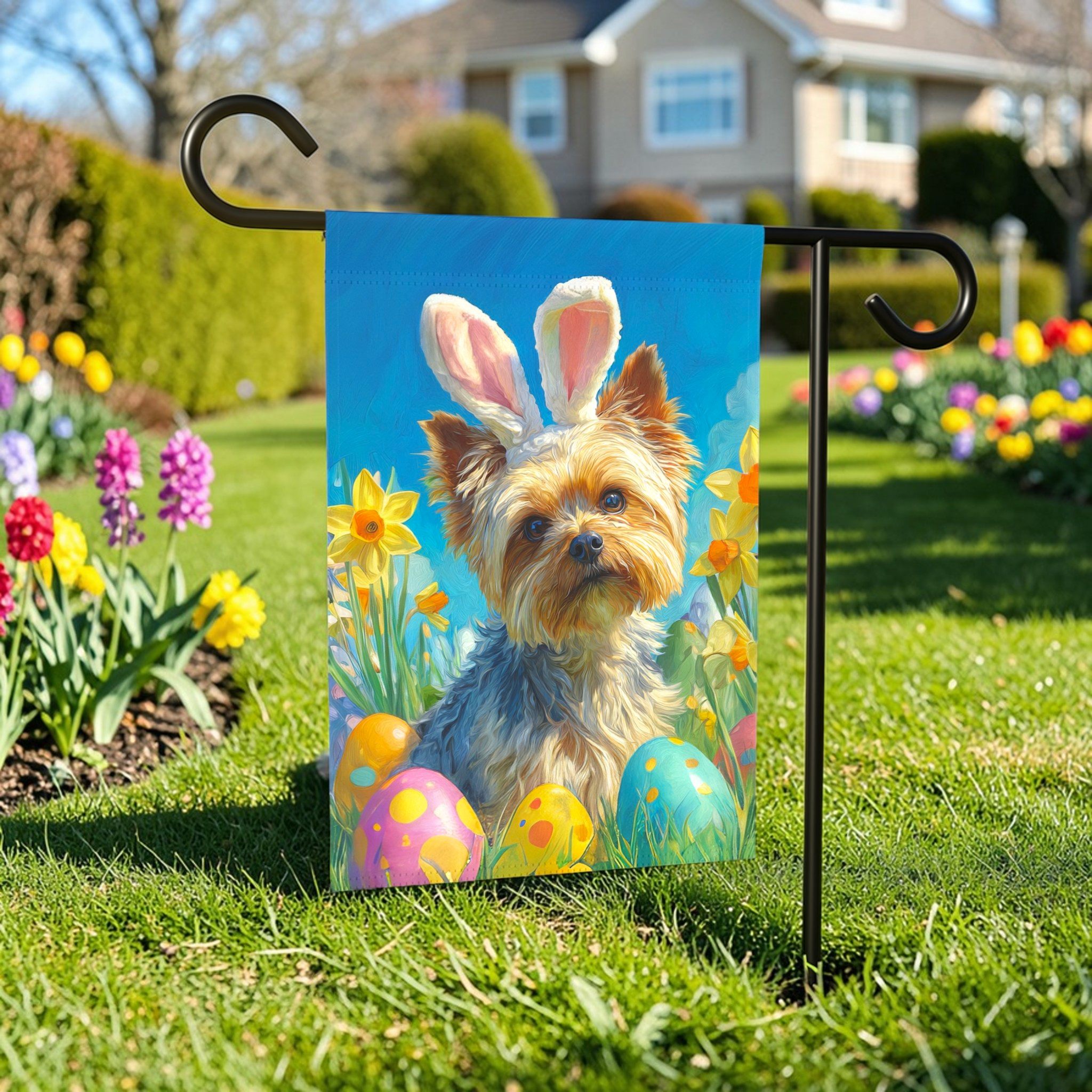 Easter Eggs and Daffodils Yorkshire Terrier Garden Flag