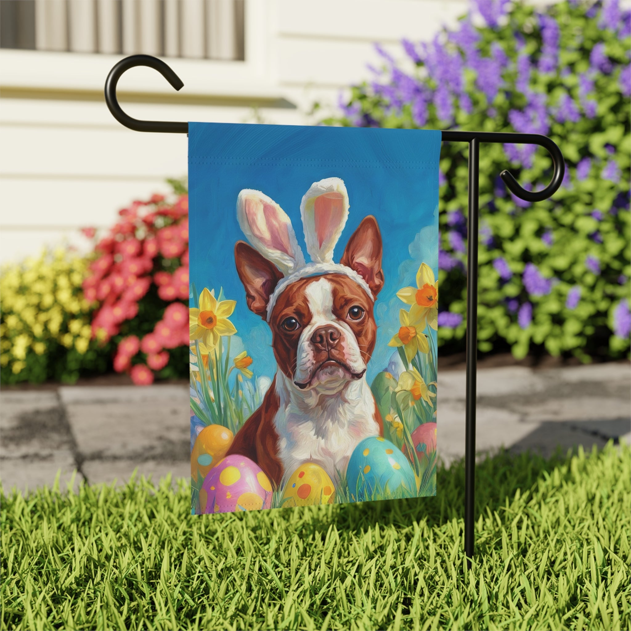 Easter Eggs and Daffodils Red Boston Terrier Garden Flag