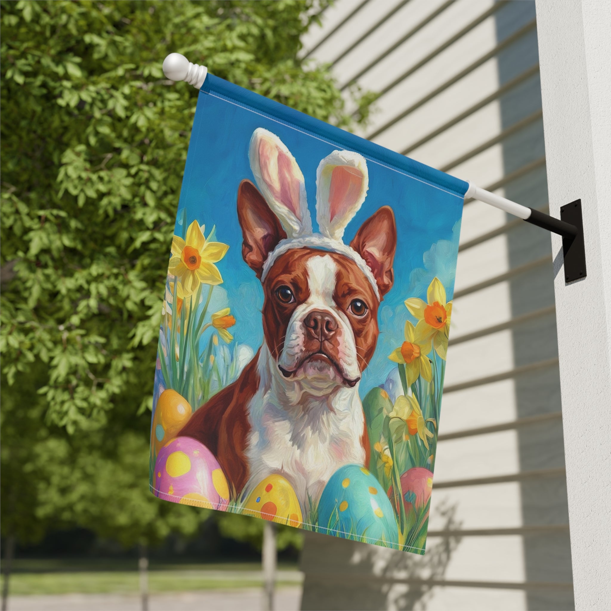 Easter Eggs and Daffodils Red Boston Terrier Garden Flag