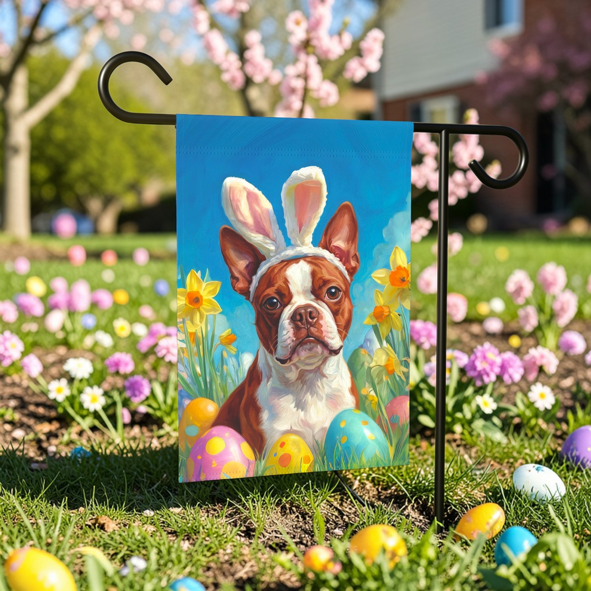 Easter Eggs and Daffodils Red Boston Terrier Garden Flag