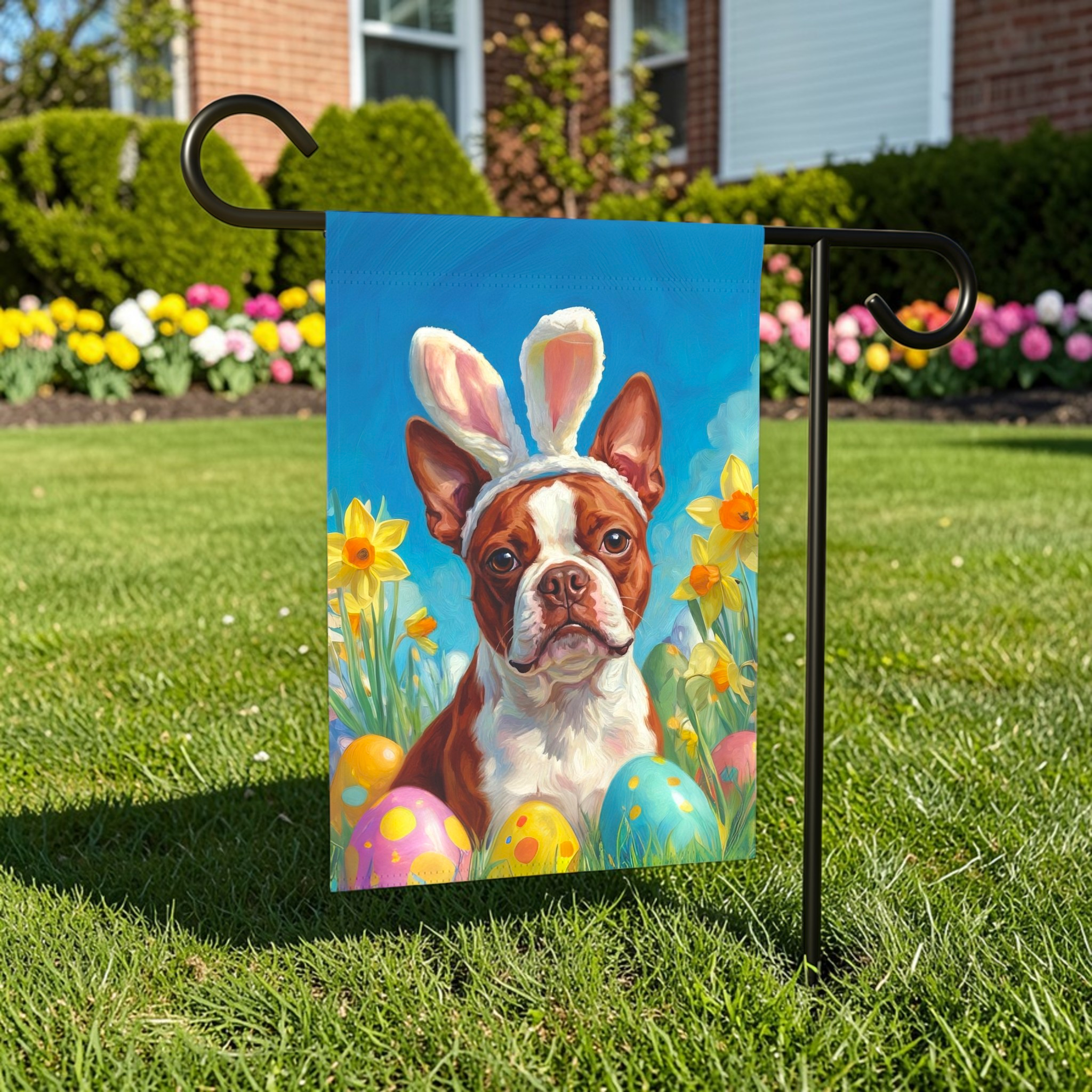 Easter Eggs and Daffodils Red Boston Terrier Garden Flag