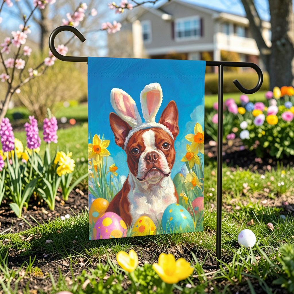 Easter Eggs and Daffodils Red Boston Terrier Garden Flag