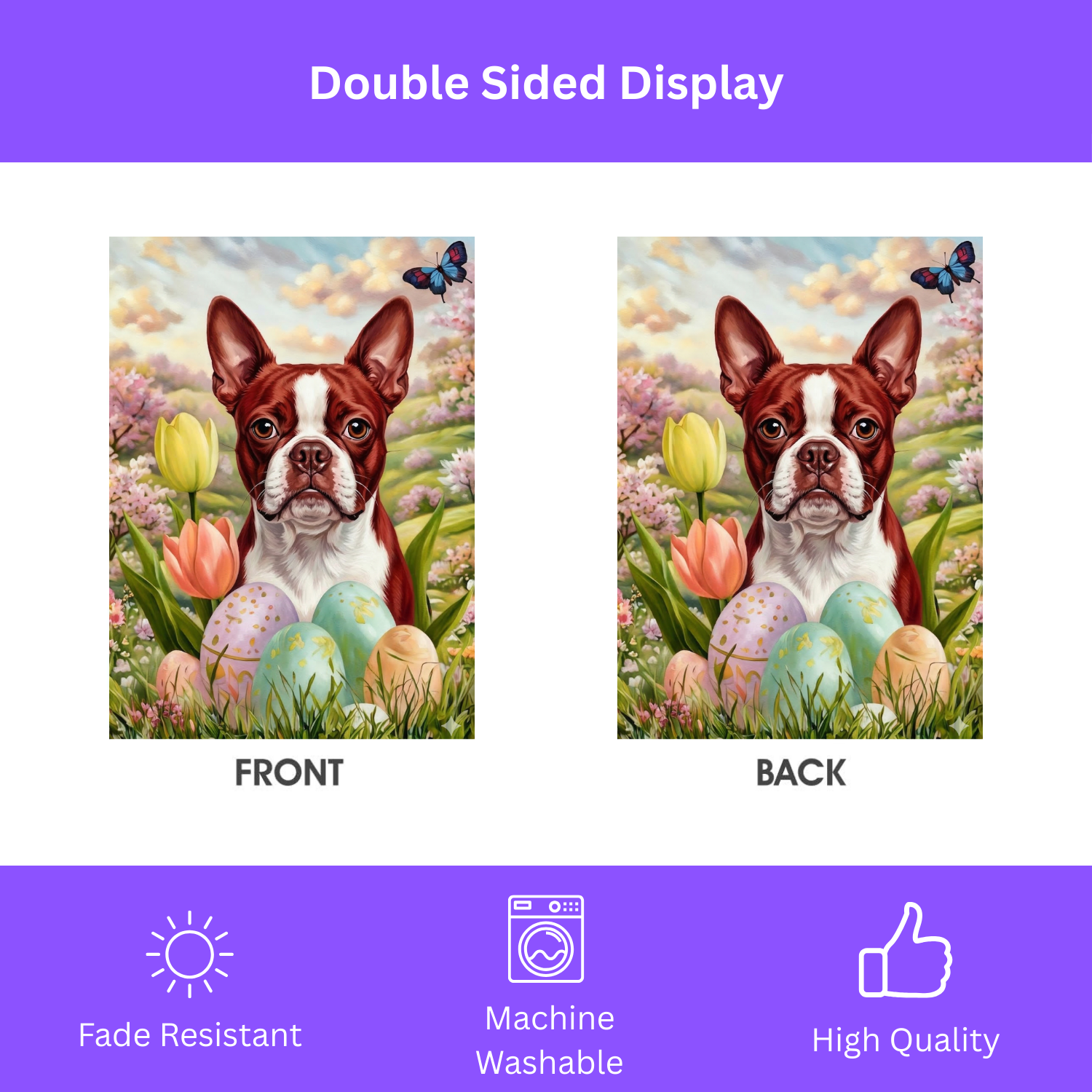 Easter Eggs and Red Boston Terrier Garden Flag
