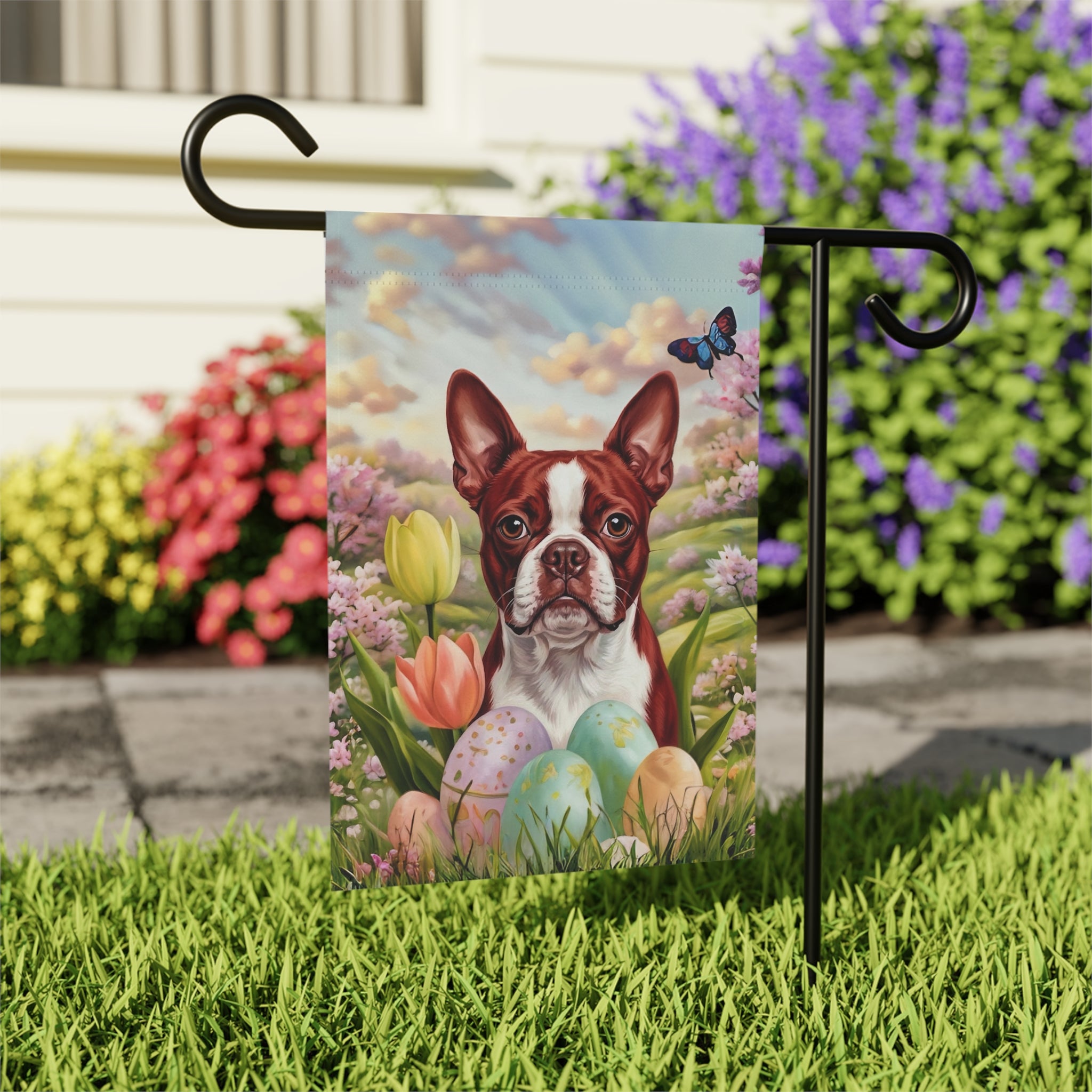 Easter Eggs and Red Boston Terrier Garden Flag