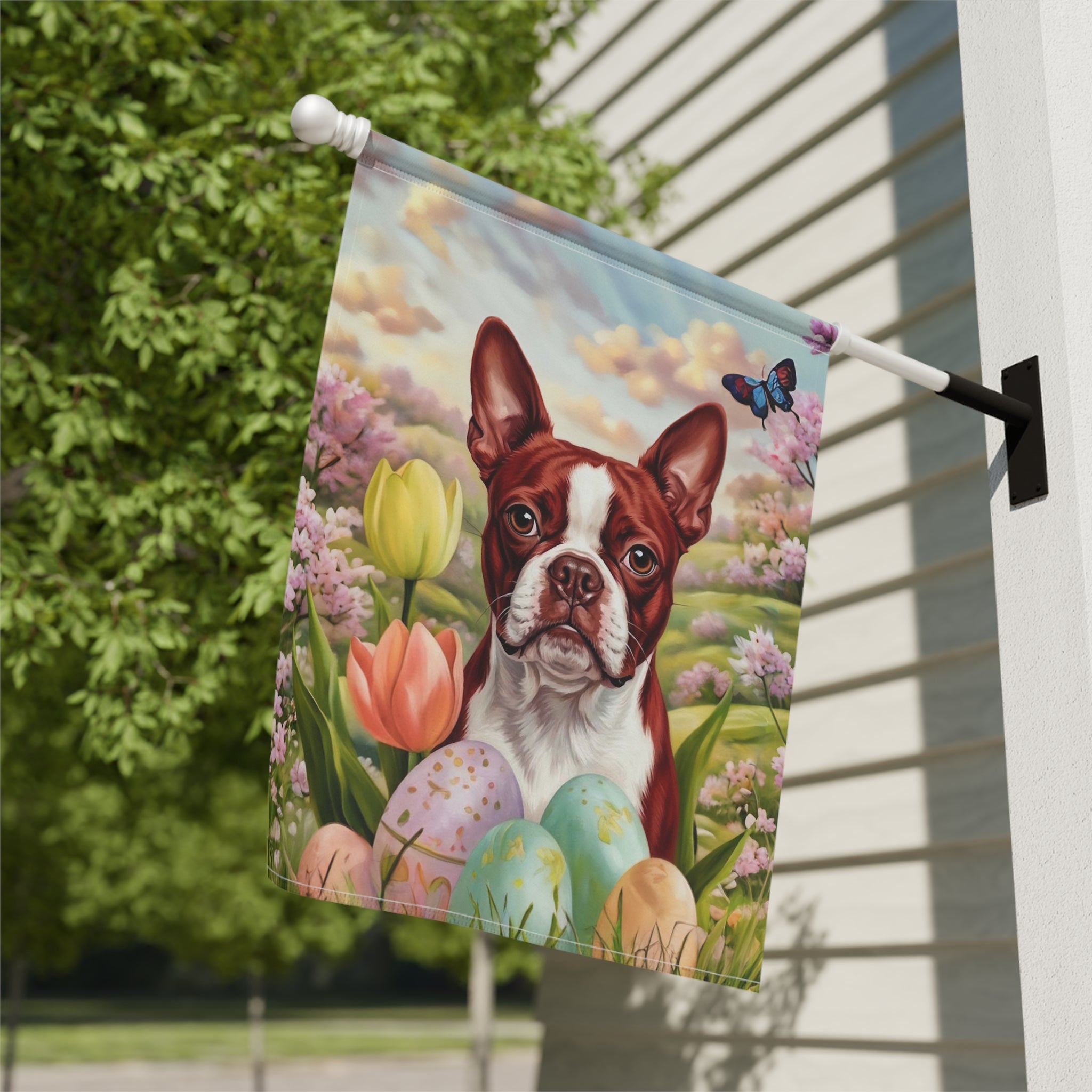 Easter Eggs and Red Boston Terrier Garden Flag