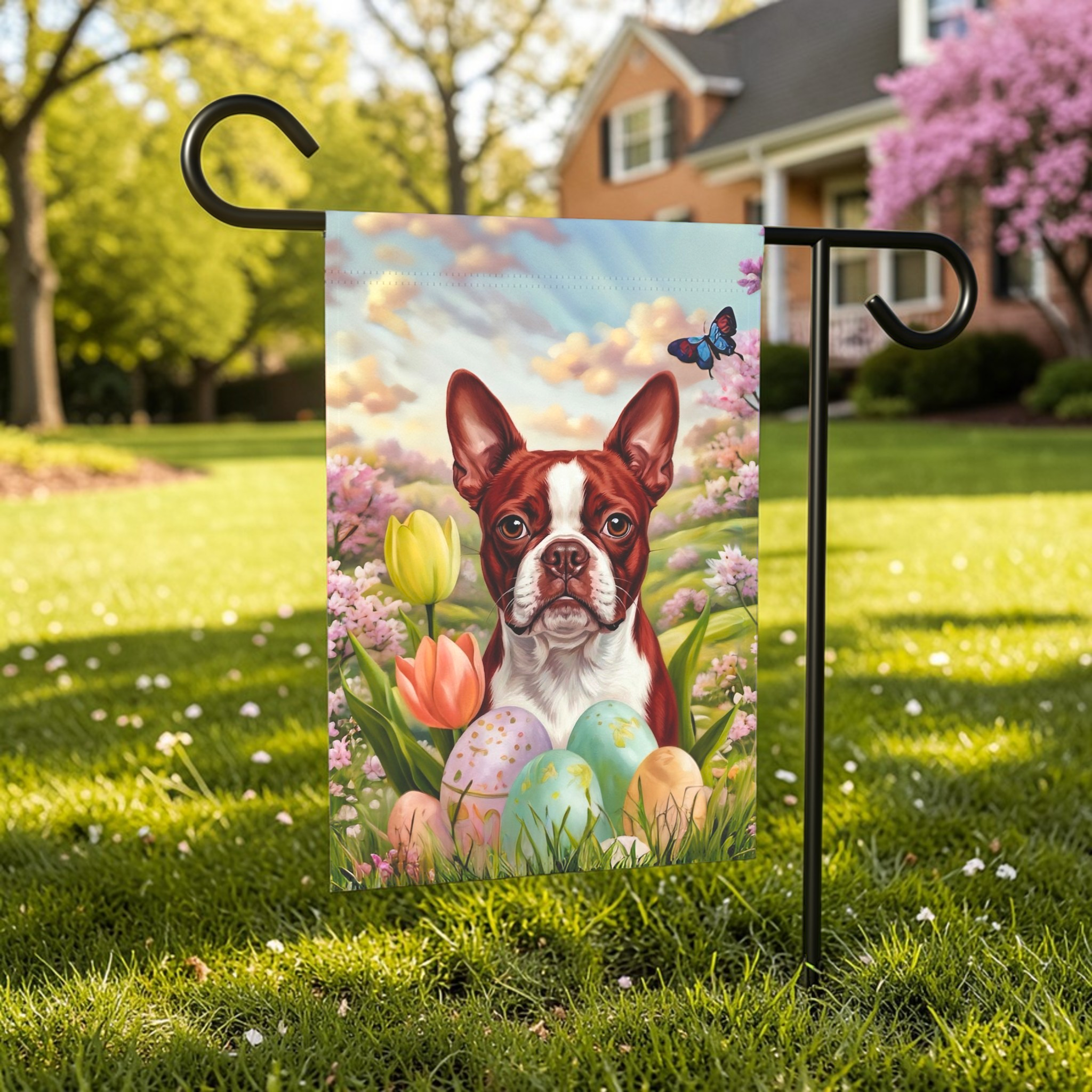 Easter Eggs and Red Boston Terrier Garden Flag