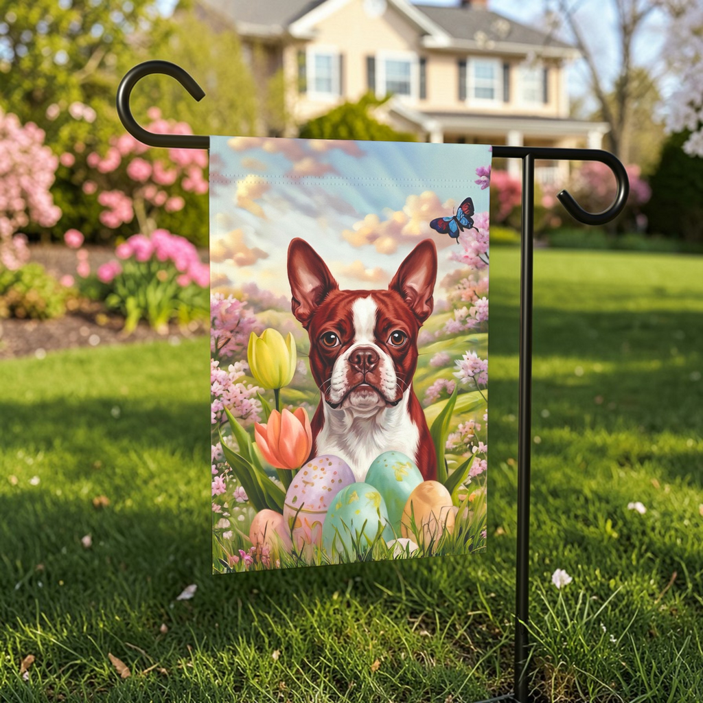 Easter Eggs and Red Boston Terrier Garden Flag