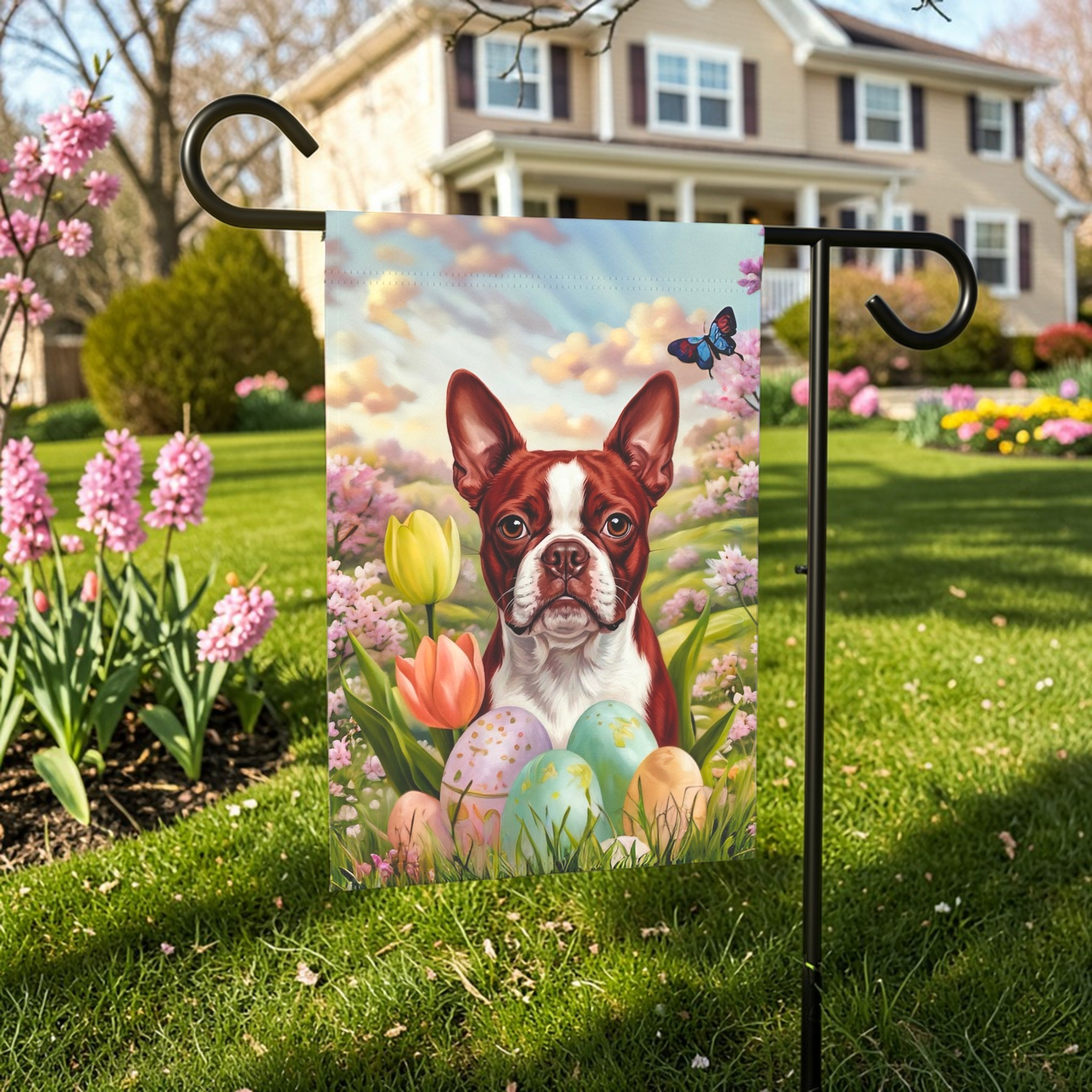 Easter Eggs and Red Boston Terrier Garden Flag
