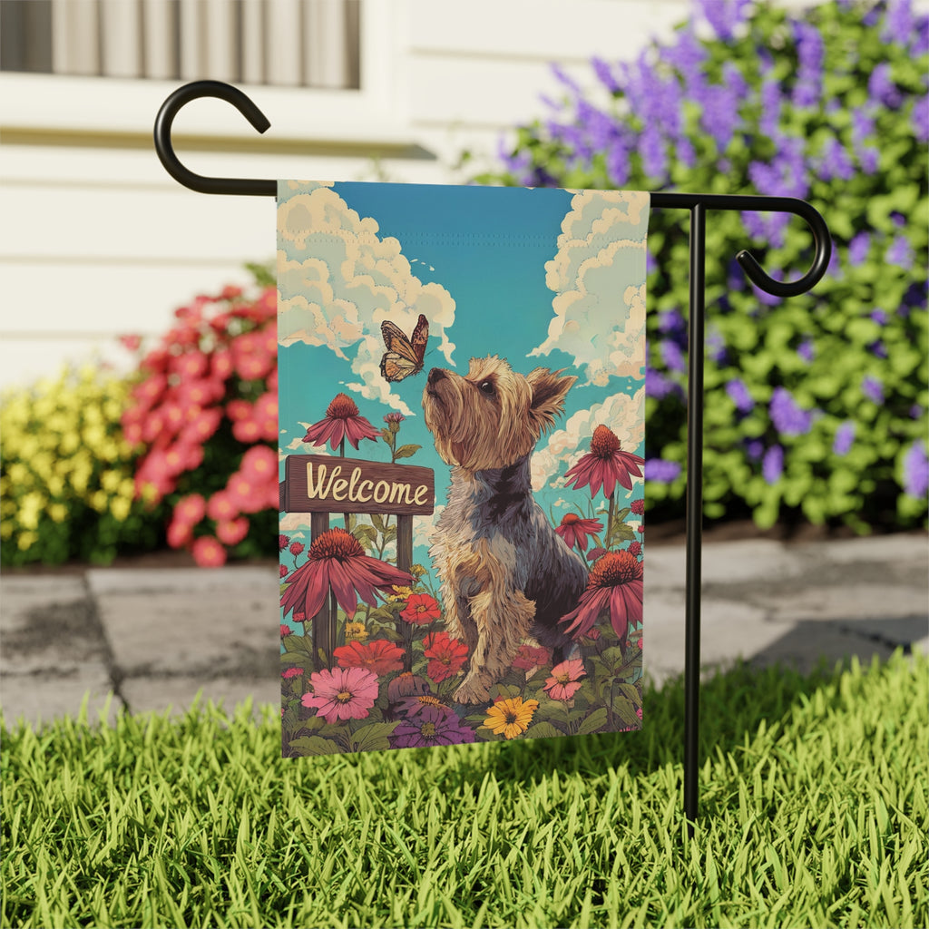 Butterfly and Yorkshire Terrier Garden Flag - close-up detail - Dragonfire Gardens