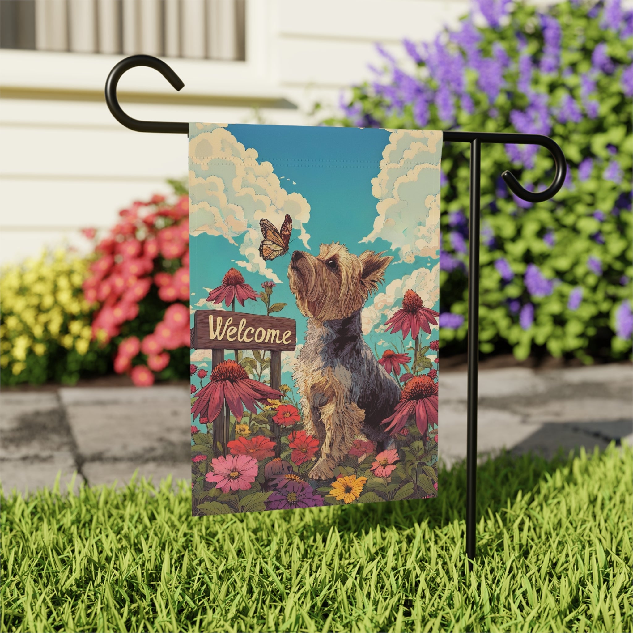 Butterfly and Yorkshire Terrier Garden Flag - close-up detail - Dragonfire Gardens