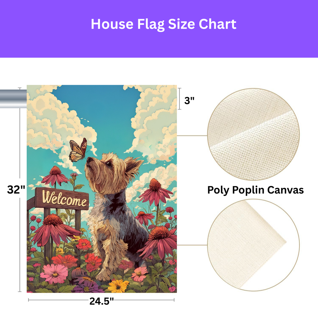 Butterfly and Yorkshire Terrier Garden Flag - size comparison - Dragonfire Gardens