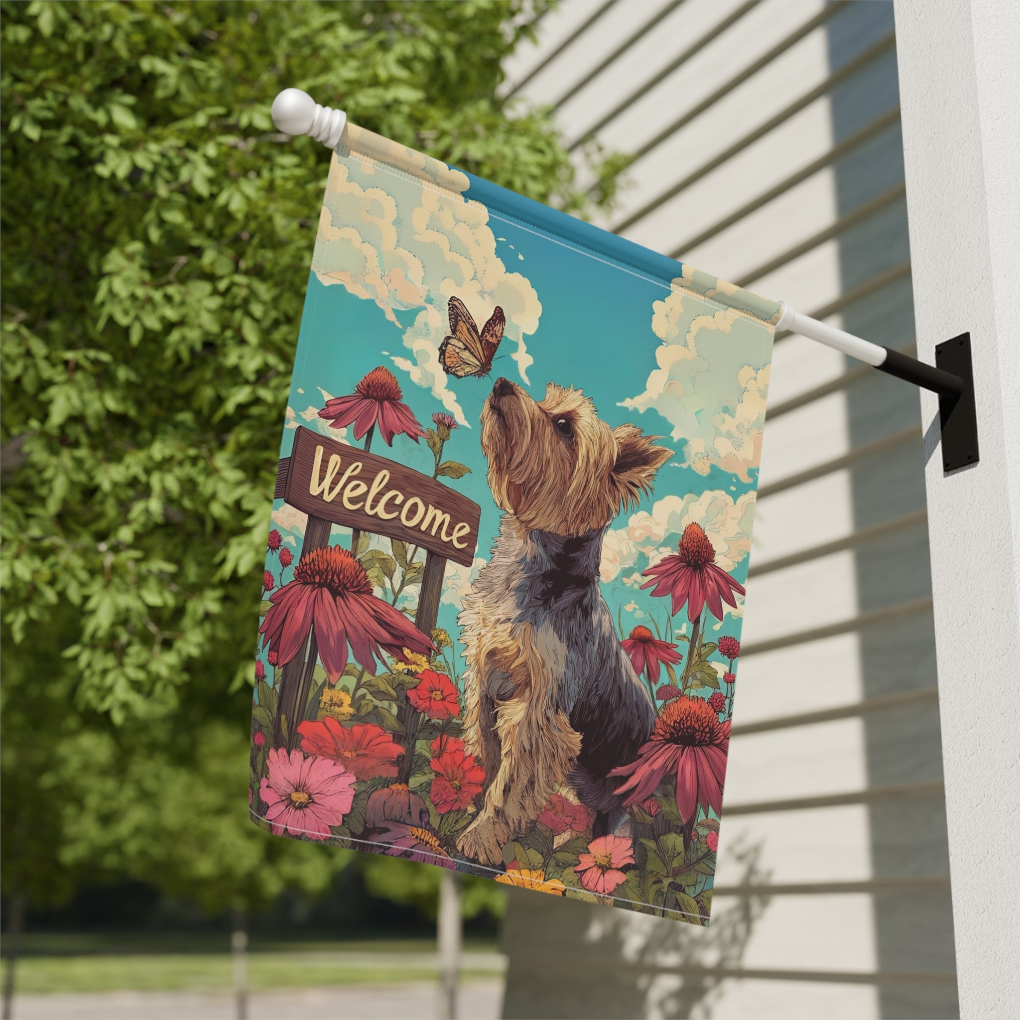 Butterfly and Yorkshire Terrier Garden Flag - yard display - Dragonfire Gardens