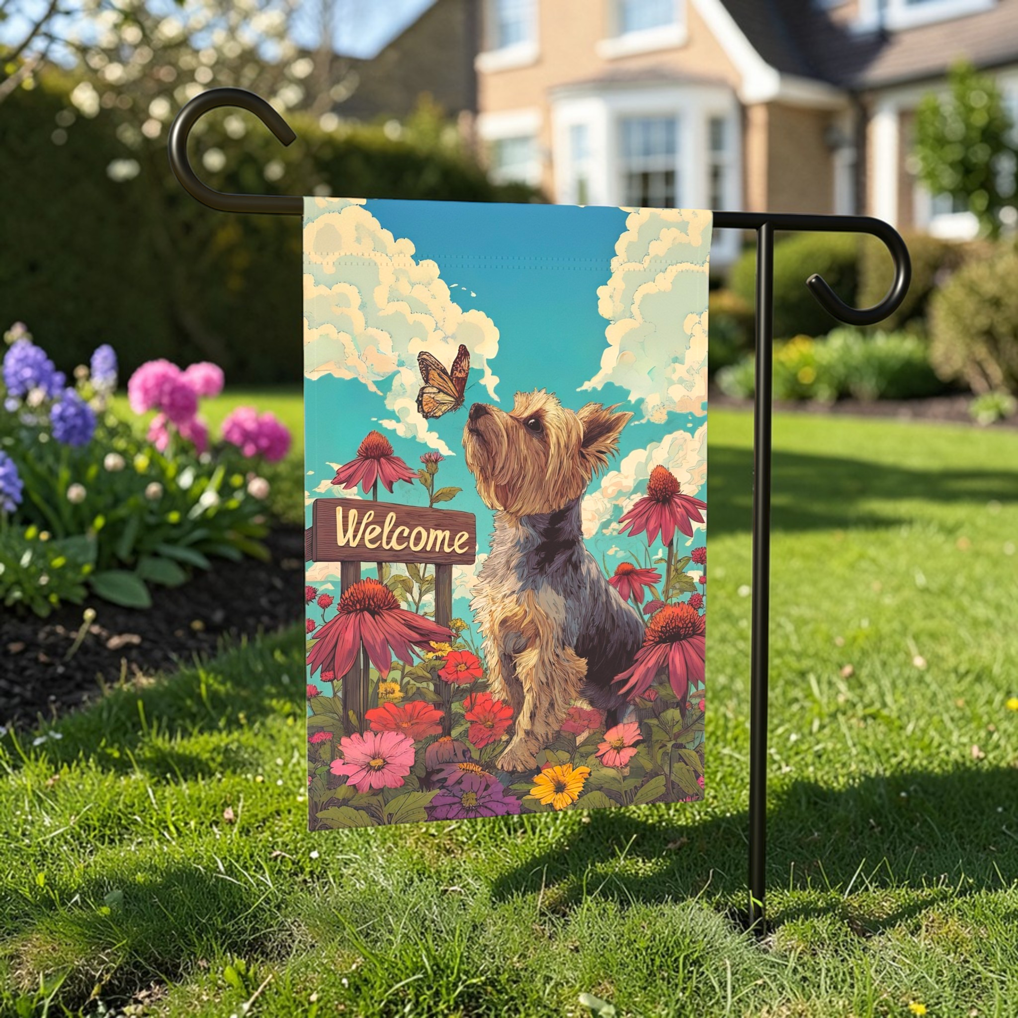 Butterfly and Yorkshire Terrier Garden Flag - lifestyle display - Dragonfire Gardens