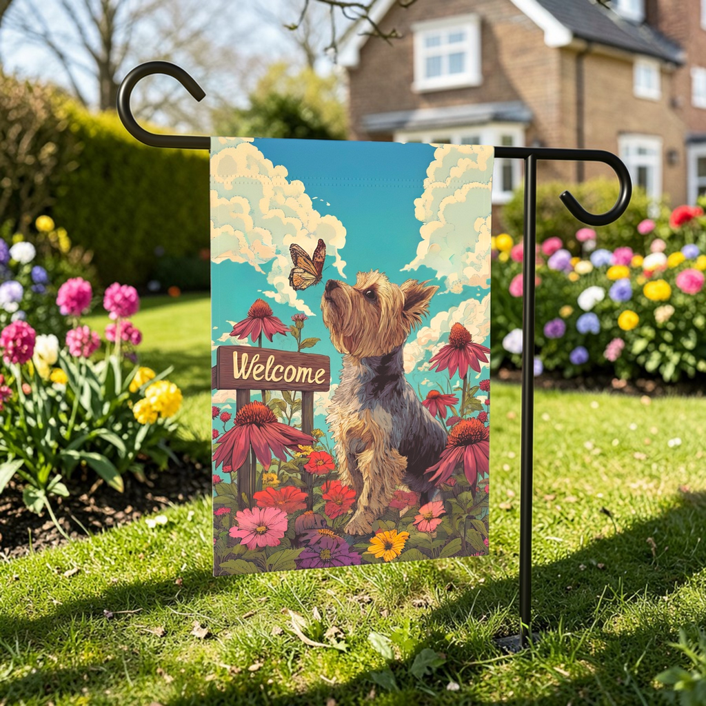 Butterfly and Yorkshire Terrier Garden Flag - front view - Dragonfire Gardens