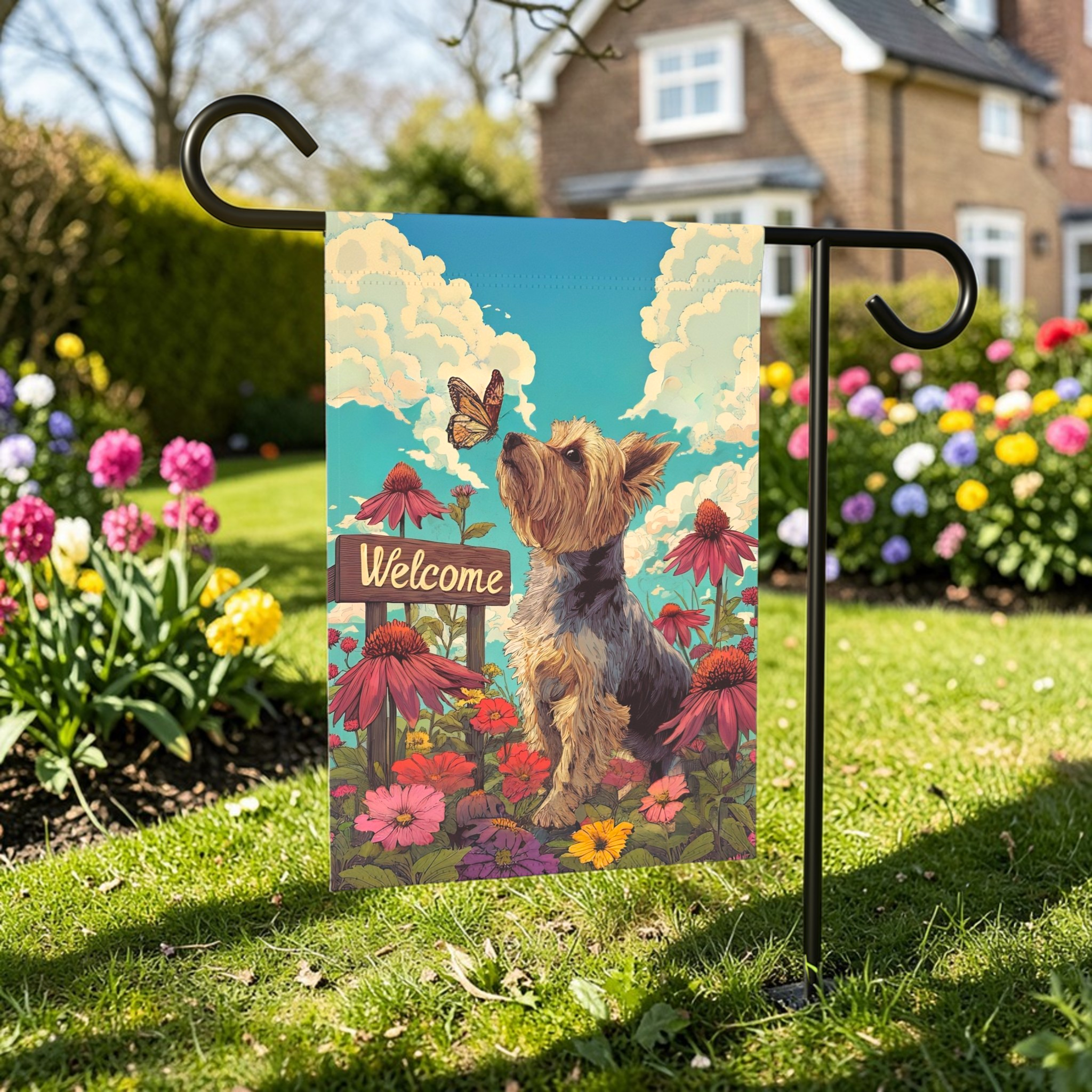 Butterfly and Yorkshire Terrier Garden Flag - front view - Dragonfire Gardens