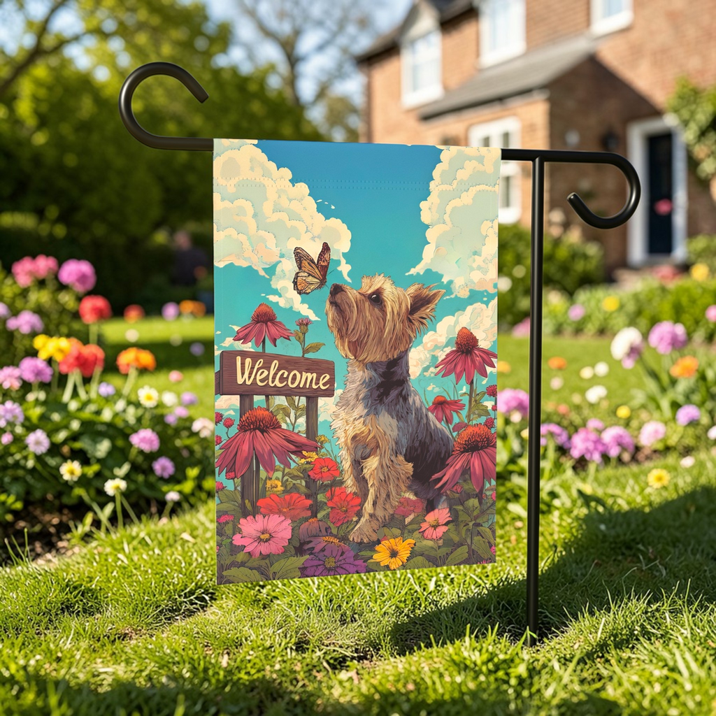 Butterfly and Yorkshire Terrier Garden Flag - outdoor display - Dragonfire Gardens