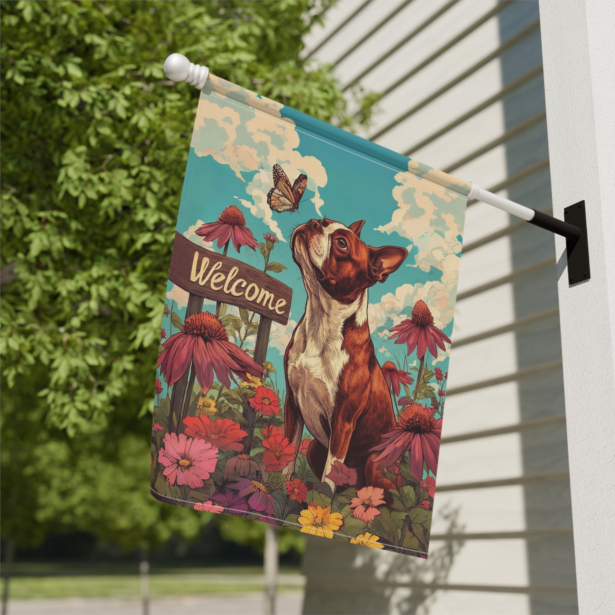 Butterfly and Boston Terrier Welcome Garden Flag - yard display - Dragonfire Gardens