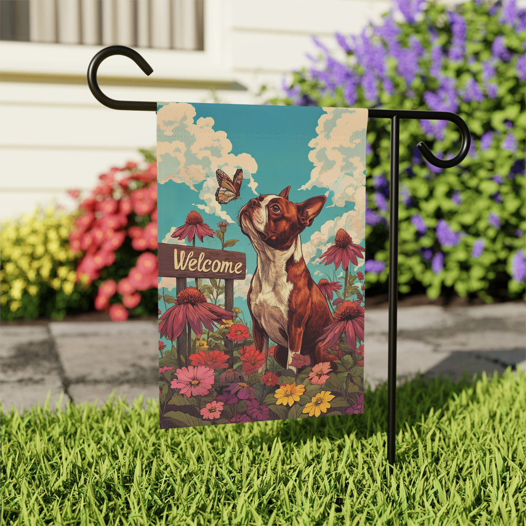 Butterfly and Boston Terrier Welcome Garden Flag - close-up detail - Dragonfire Gardens