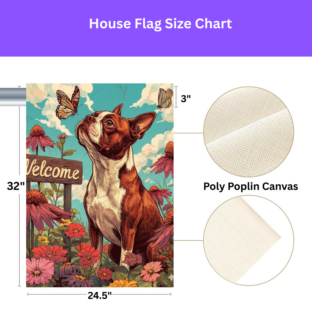 Butterfly and Boston Terrier Welcome Garden Flag - size comparison - Dragonfire Gardens