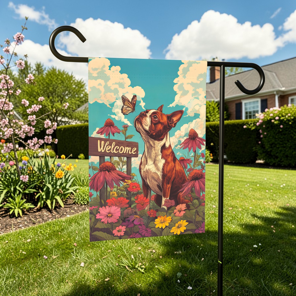 Butterfly and Boston Terrier Welcome Garden Flag - outdoor display - Dragonfire Gardens