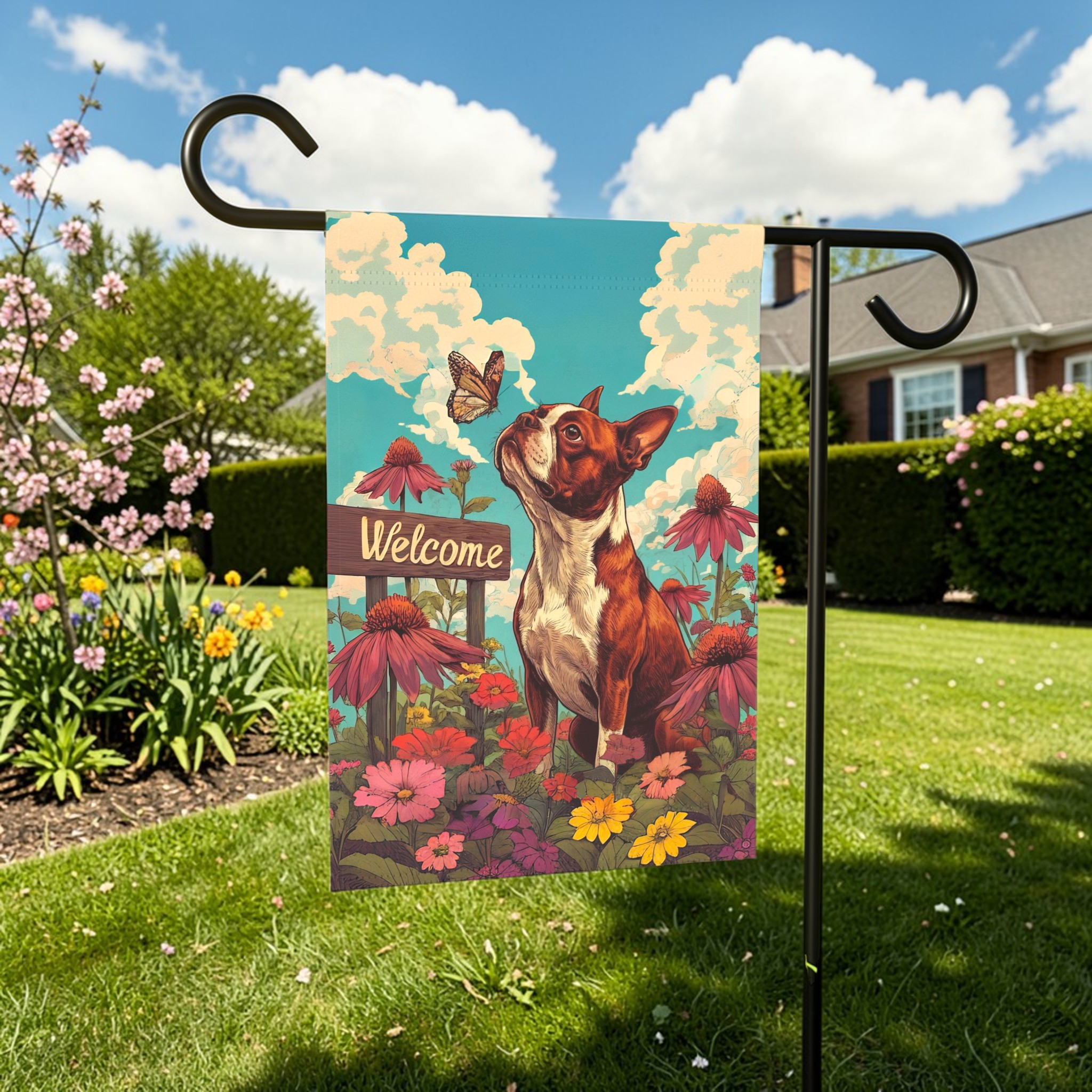 Butterfly and Boston Terrier Welcome Garden Flag - outdoor display - Dragonfire Gardens