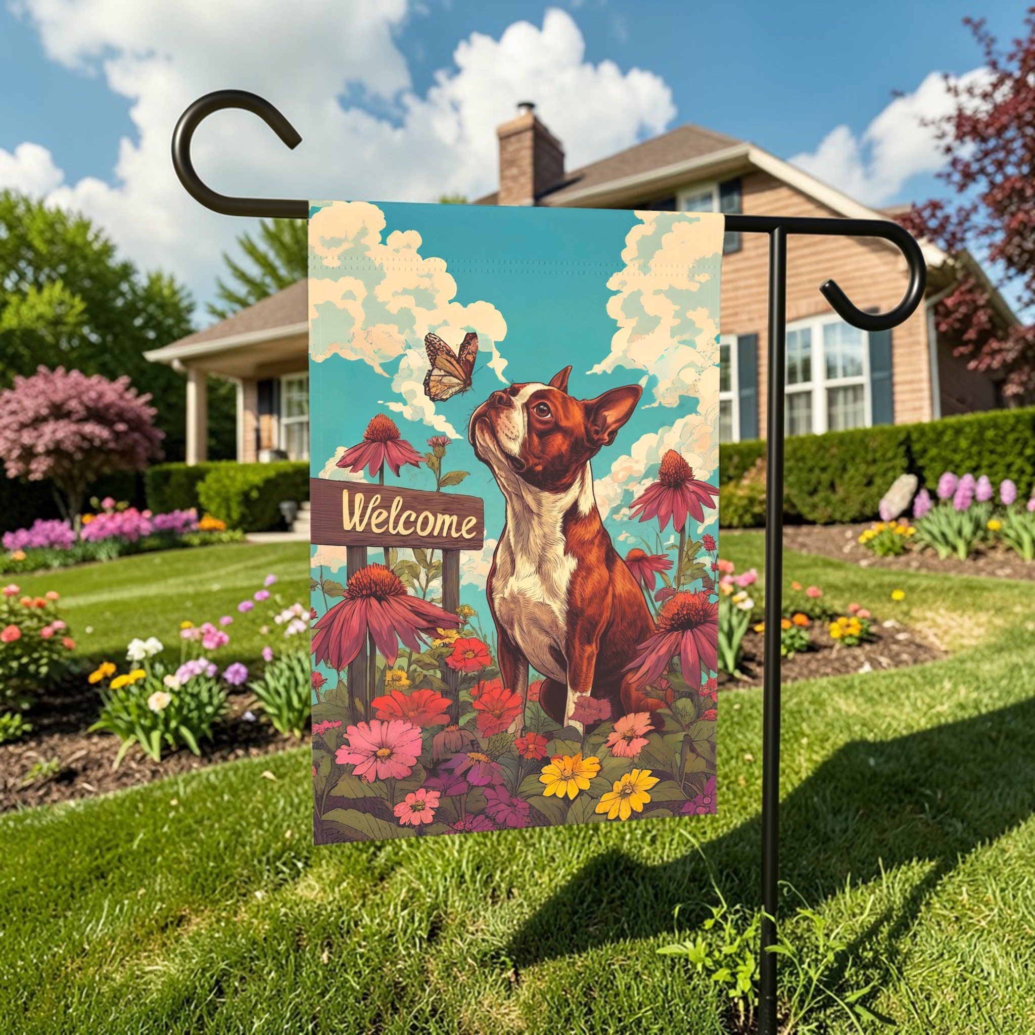 Butterfly and Boston Terrier Welcome Garden Flag - front view - Dragonfire Gardens