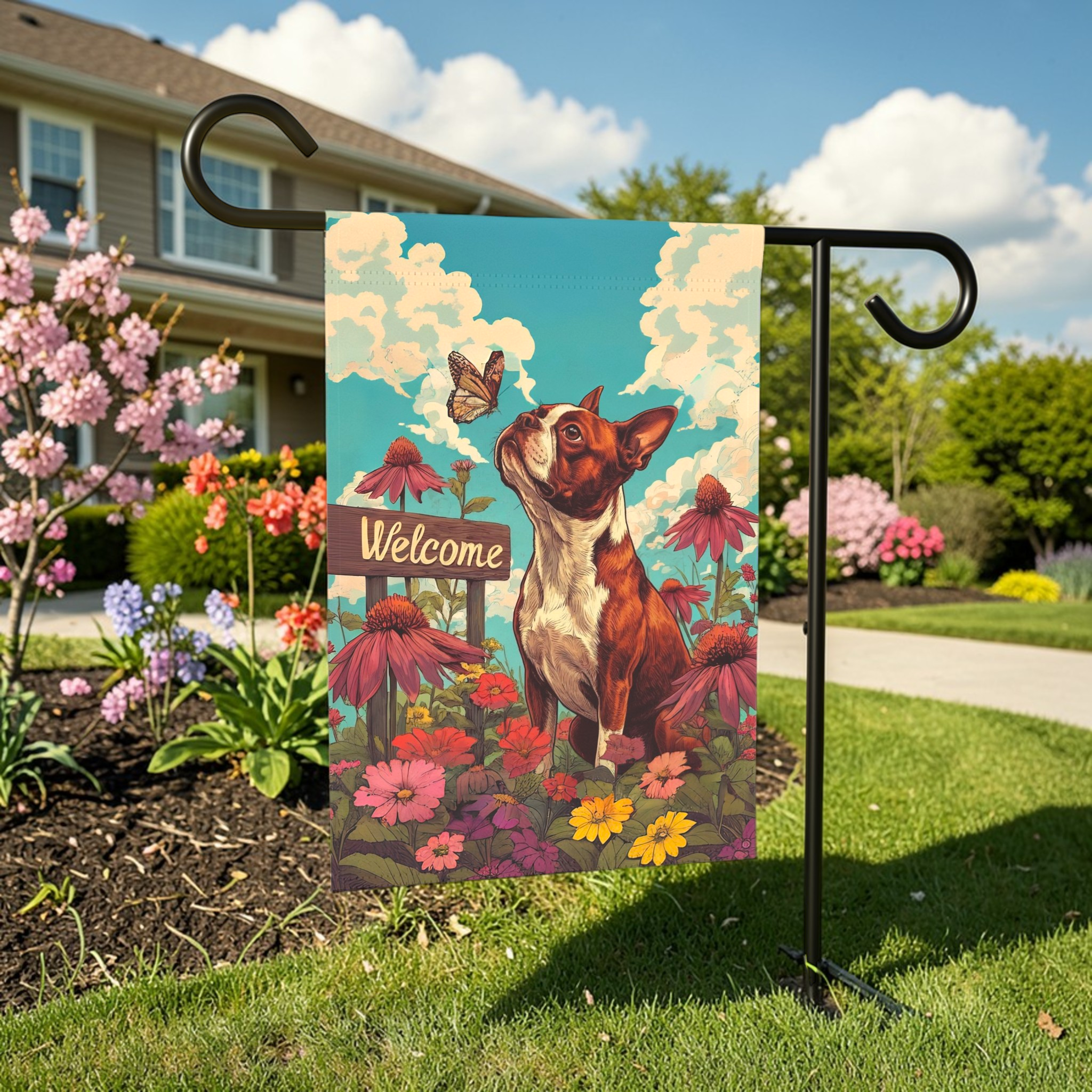 Butterfly and Boston Terrier Welcome Garden Flag - lifestyle display - Dragonfire Gardens