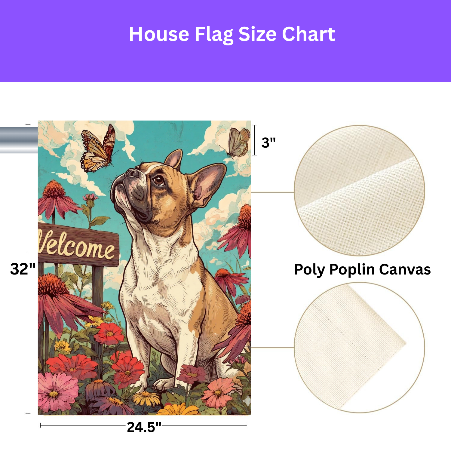 Butterfly and French Bulldog Garden Flag - size comparison - Dragonfire Gardens