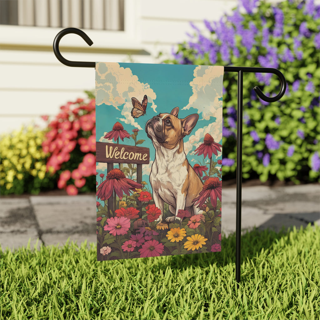 Butterfly and French Bulldog Garden Flag - close-up detail - Dragonfire Gardens
