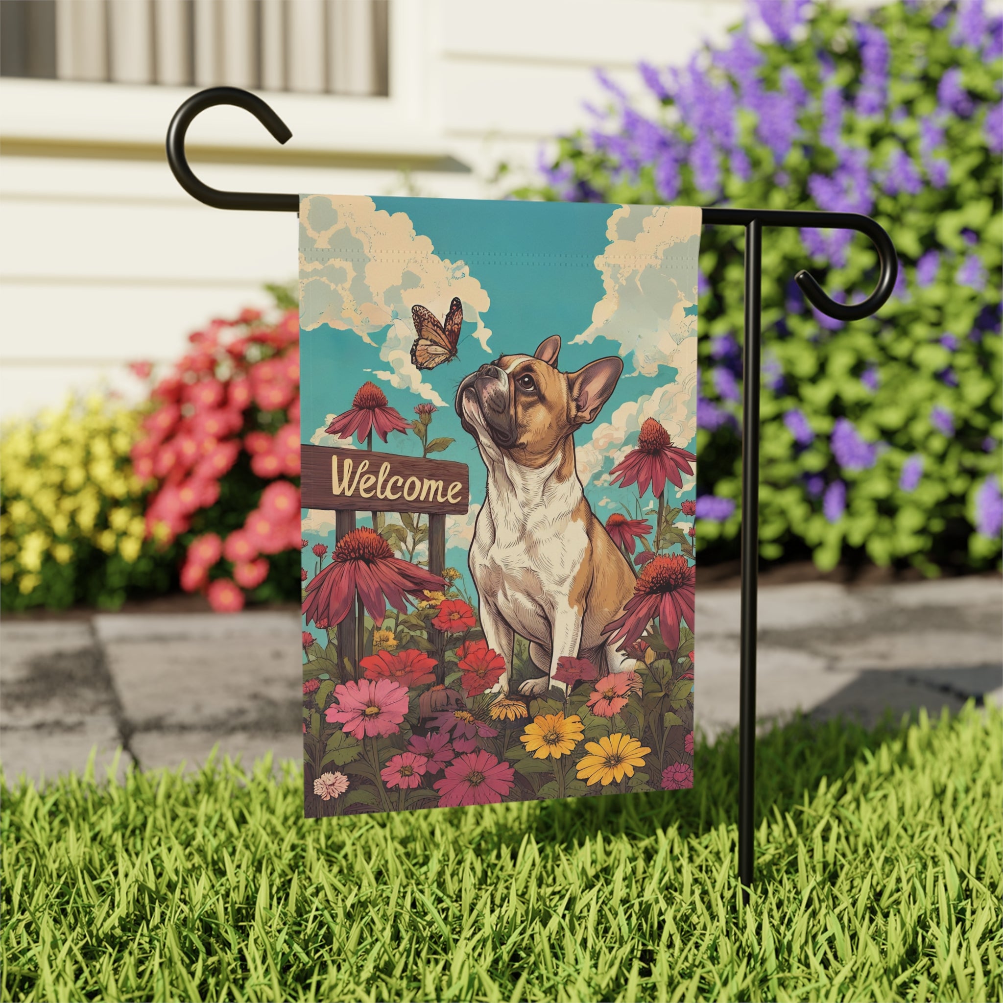 Butterfly and French Bulldog Garden Flag - close-up detail - Dragonfire Gardens