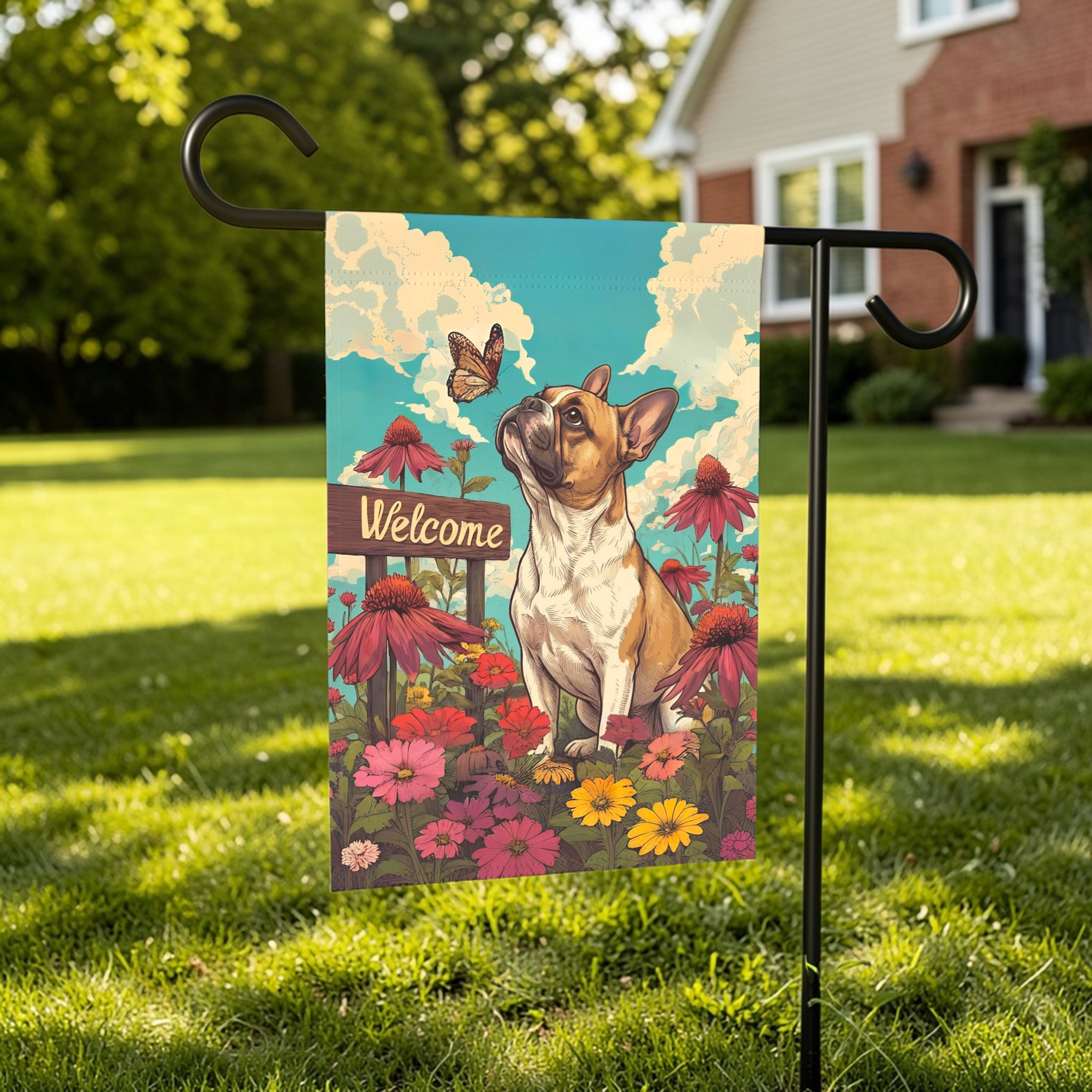Butterfly and French Bulldog Garden Flag - outdoor display - Dragonfire Gardens