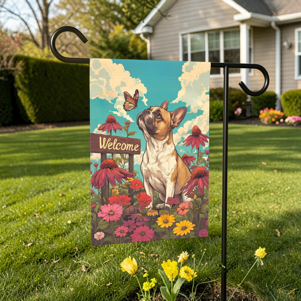 Butterfly and French Bulldog Garden Flag - front view - Dragonfire Gardens