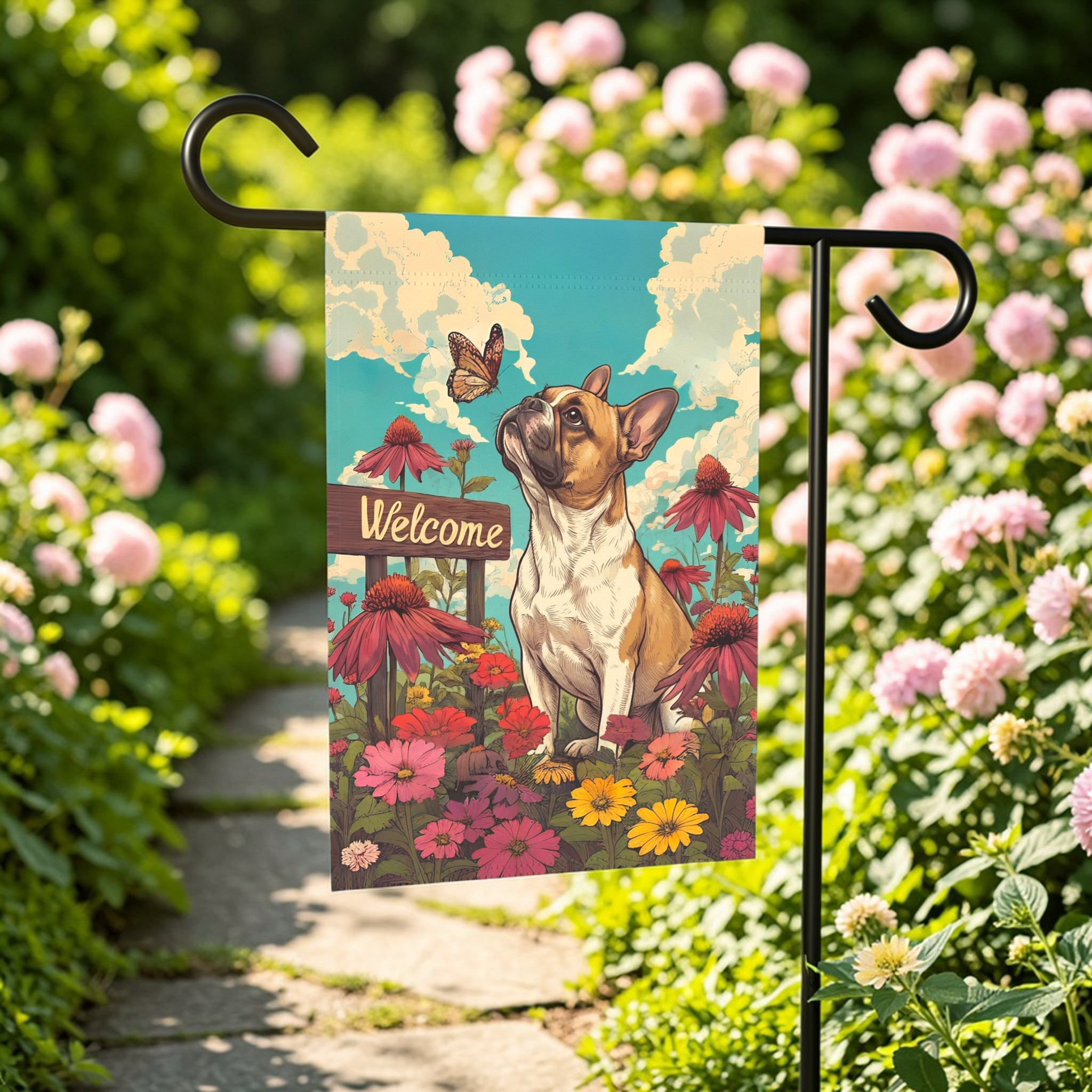 Butterfly and French Bulldog Garden Flag - lifestyle display - Dragonfire Gardens